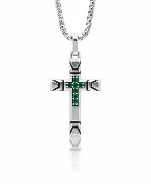 Streetwear Cross Necklace with Emeralds Solid Silver