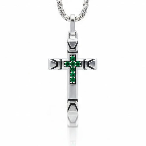 Streetwear Cross Necklace with Emeralds Solid Silver