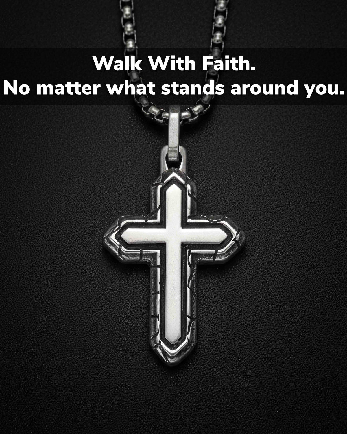 Layered Silver Cross Necklace with Textured Border