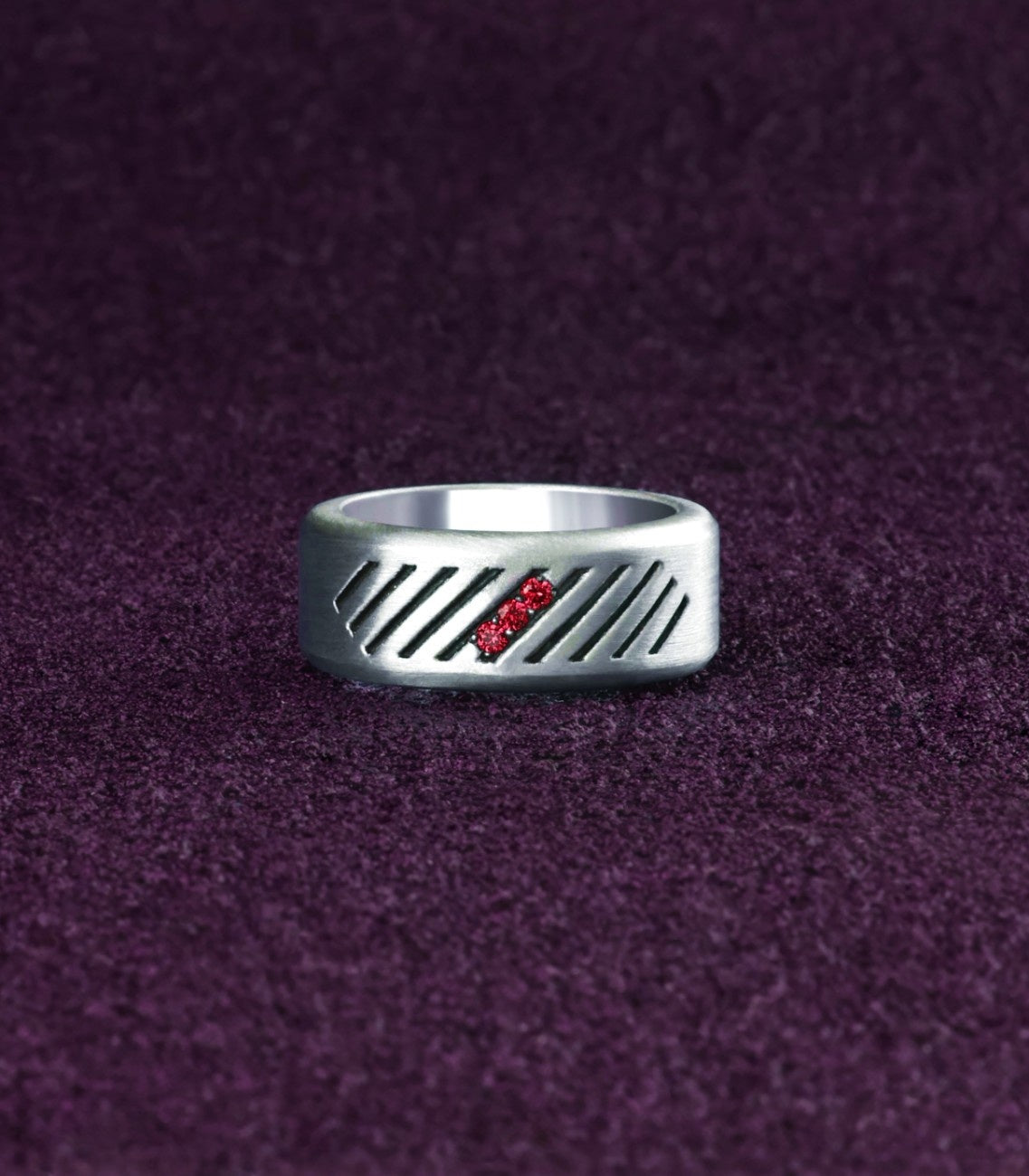 Domed Silver Wedding Band Ring Red Stones and Grooves