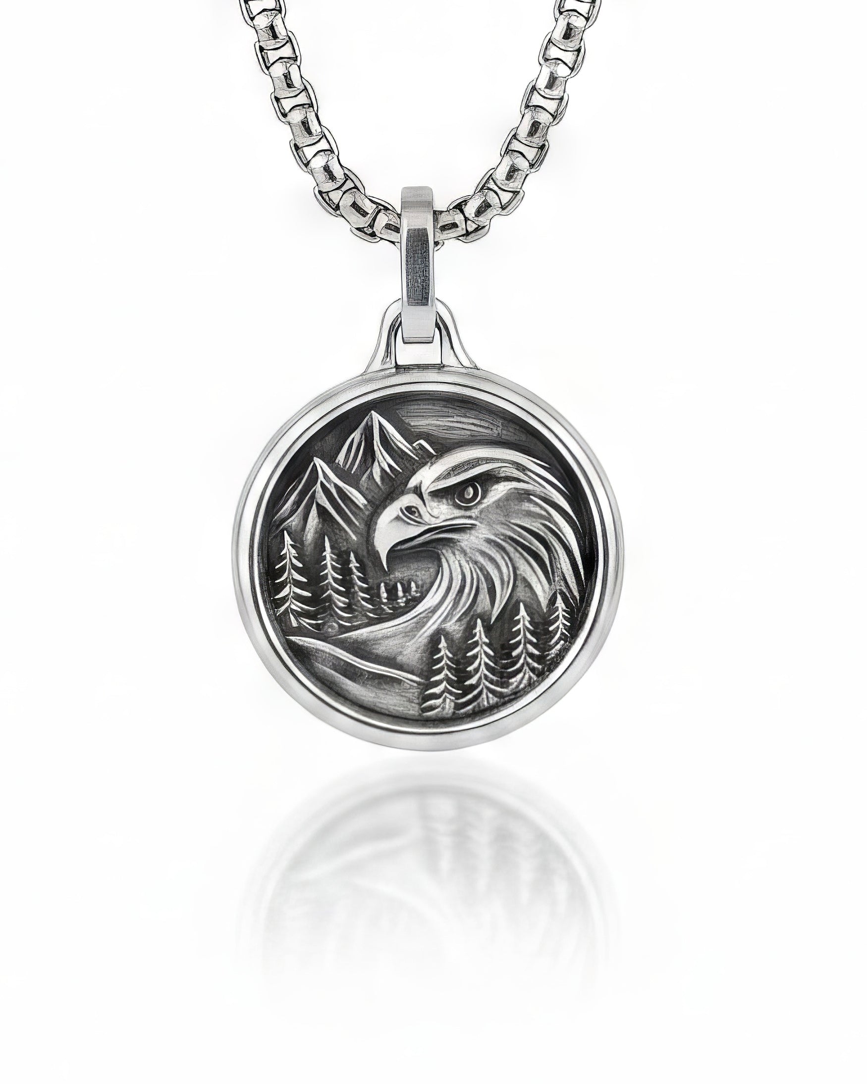 Mountain Eagle Pendant Necklace Silver Round Shape