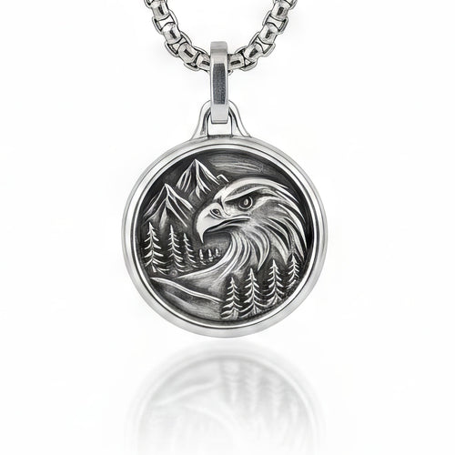 Mountain Eagle Pendant Necklace Silver Round Shape