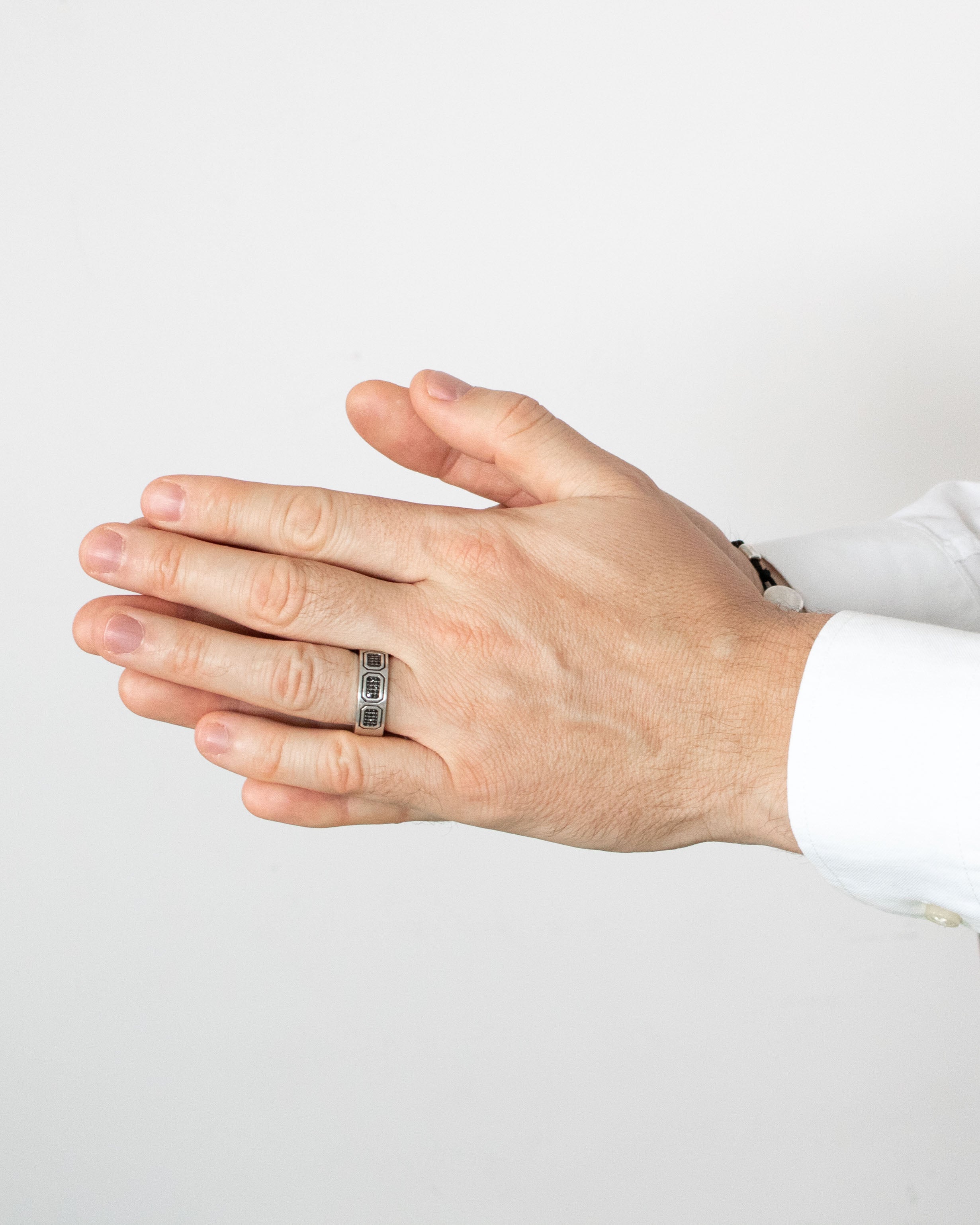 Geometric Silver Engagement Ring for Men Black Stones