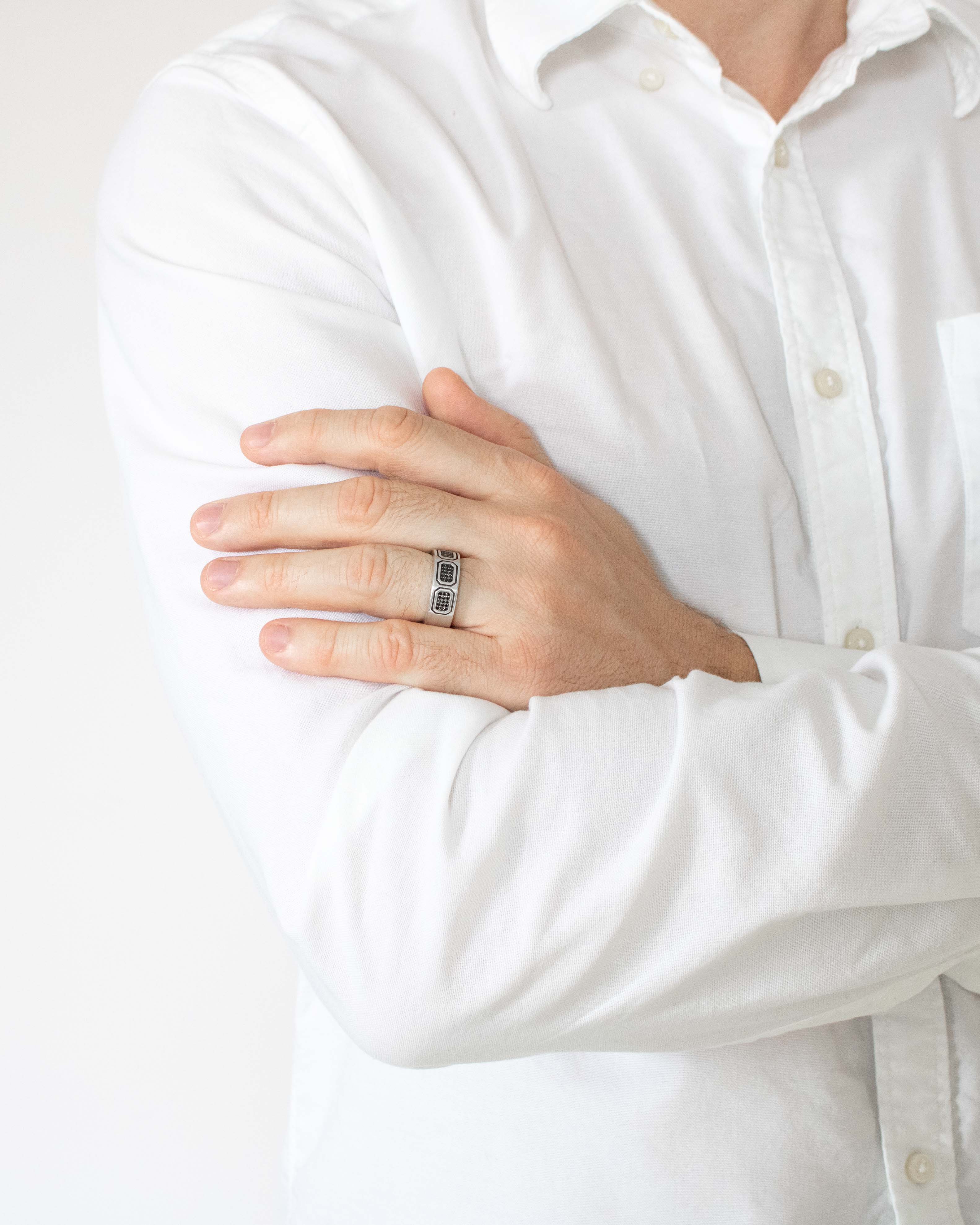 Geometric Silver Engagement Ring for Men Black Stones