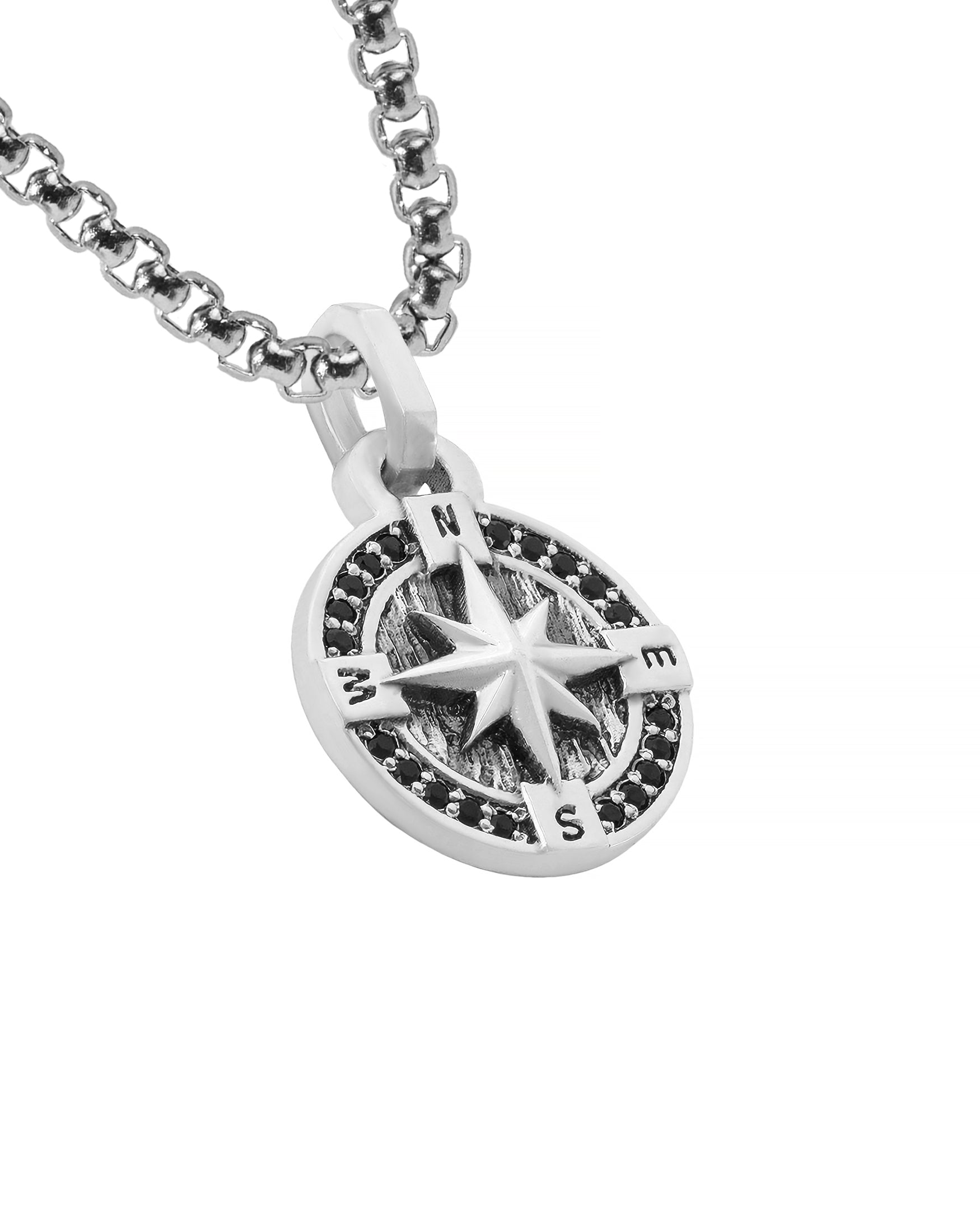 Round Silver North Star Necklace Pendant Black Stones