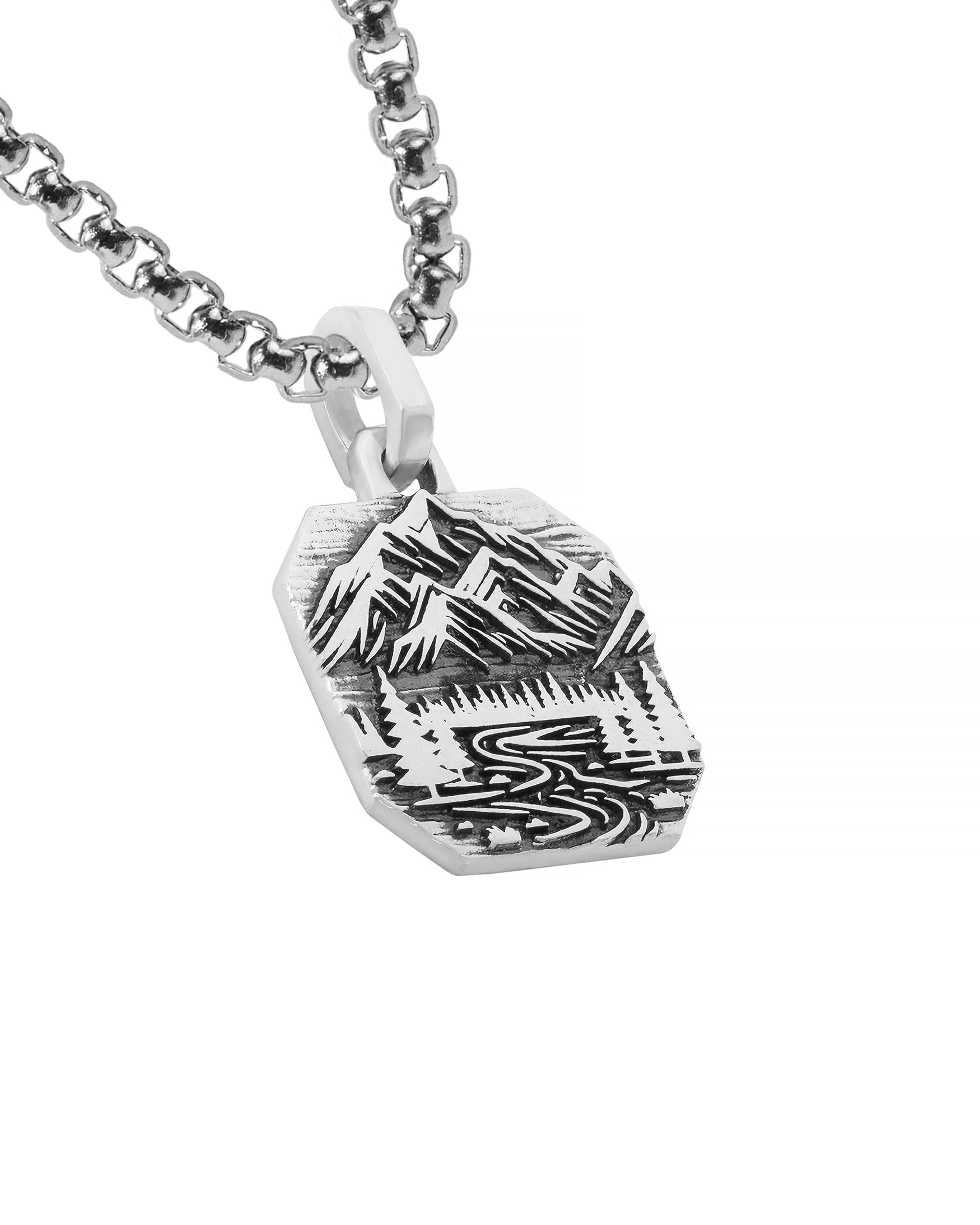Mountain Range & Forest Silver Necklace Octagon Shape