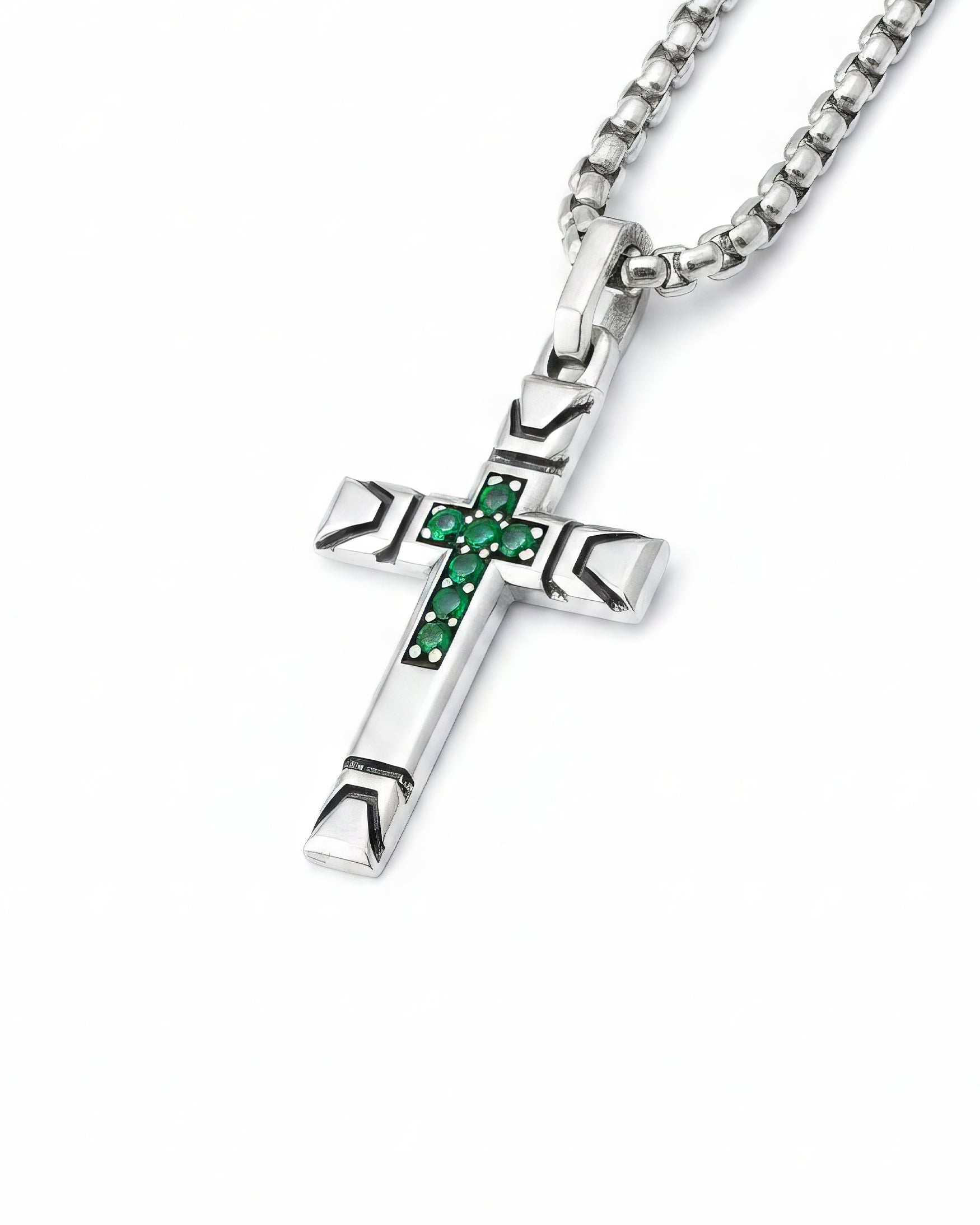 Streetwear Cross Necklace with Emeralds Solid Silver