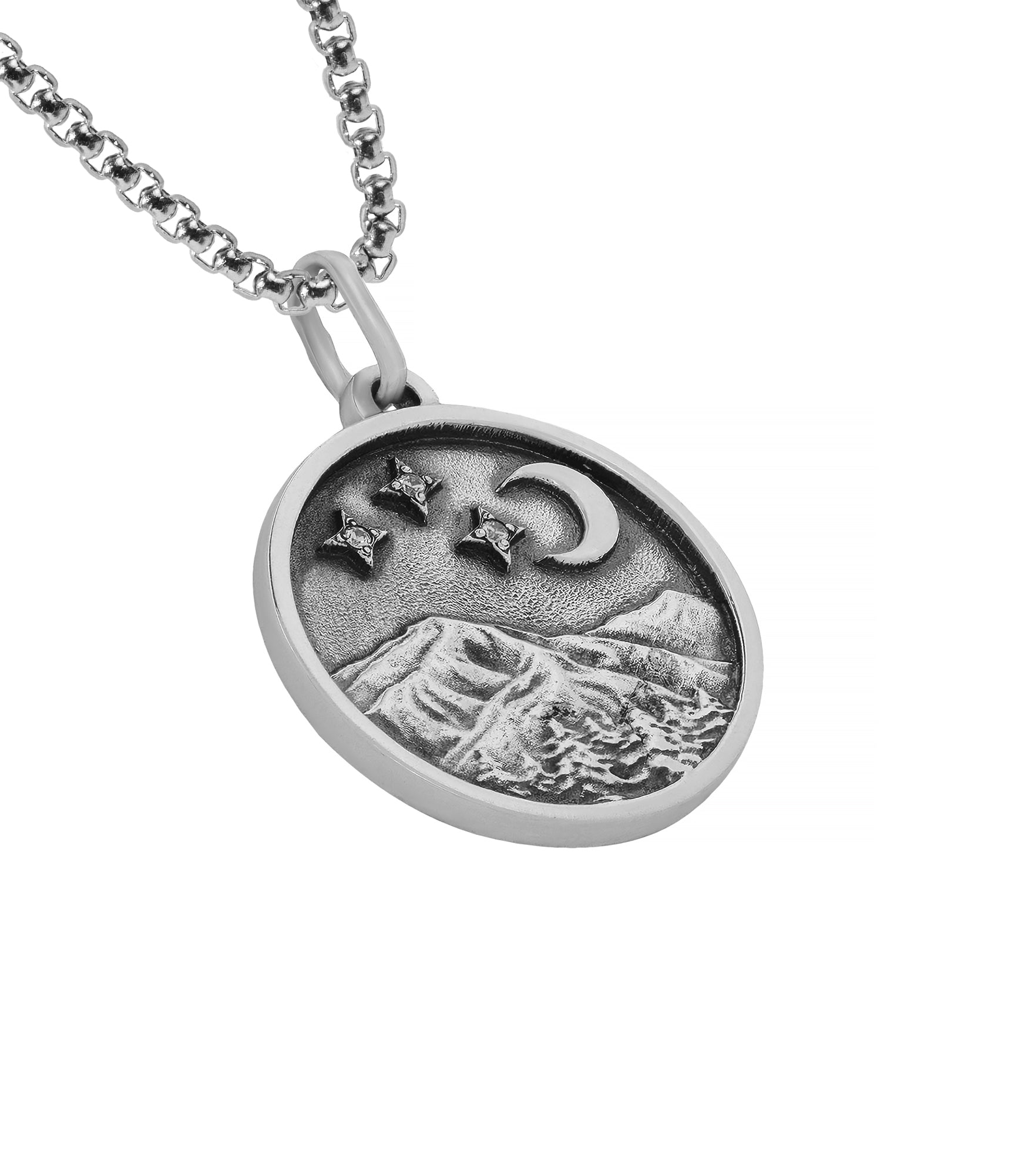 Mountains and Moon Silver Landscape Necklace for Men