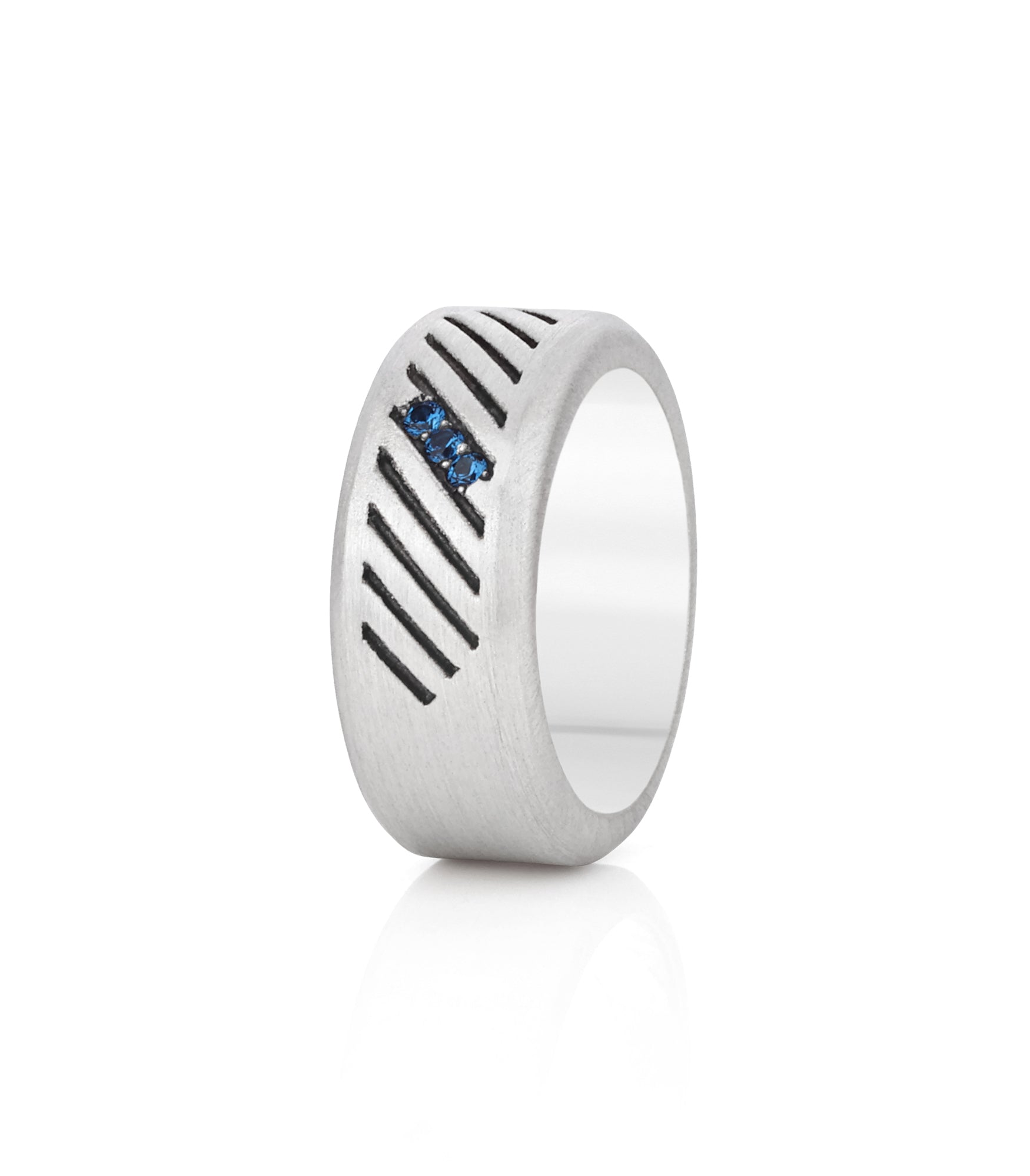 Domed Matte Silver Wedding Band Ring with Blue Stones