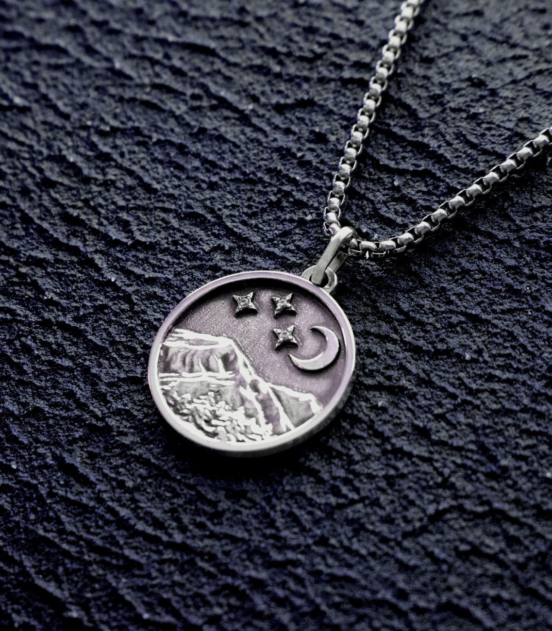 Silver Round Amulet Necklace with Mountain Peak & Moon