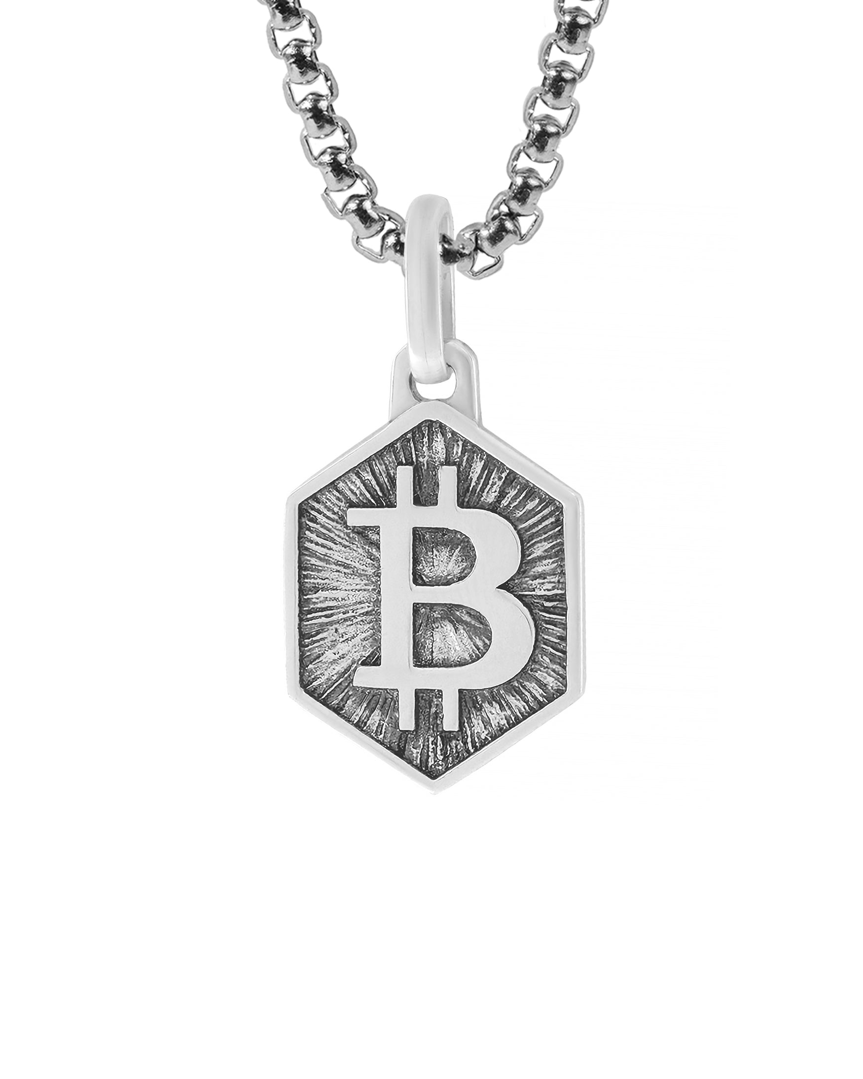 Bitcoin Pendant Necklace Hexagon Shape Sterling Silver