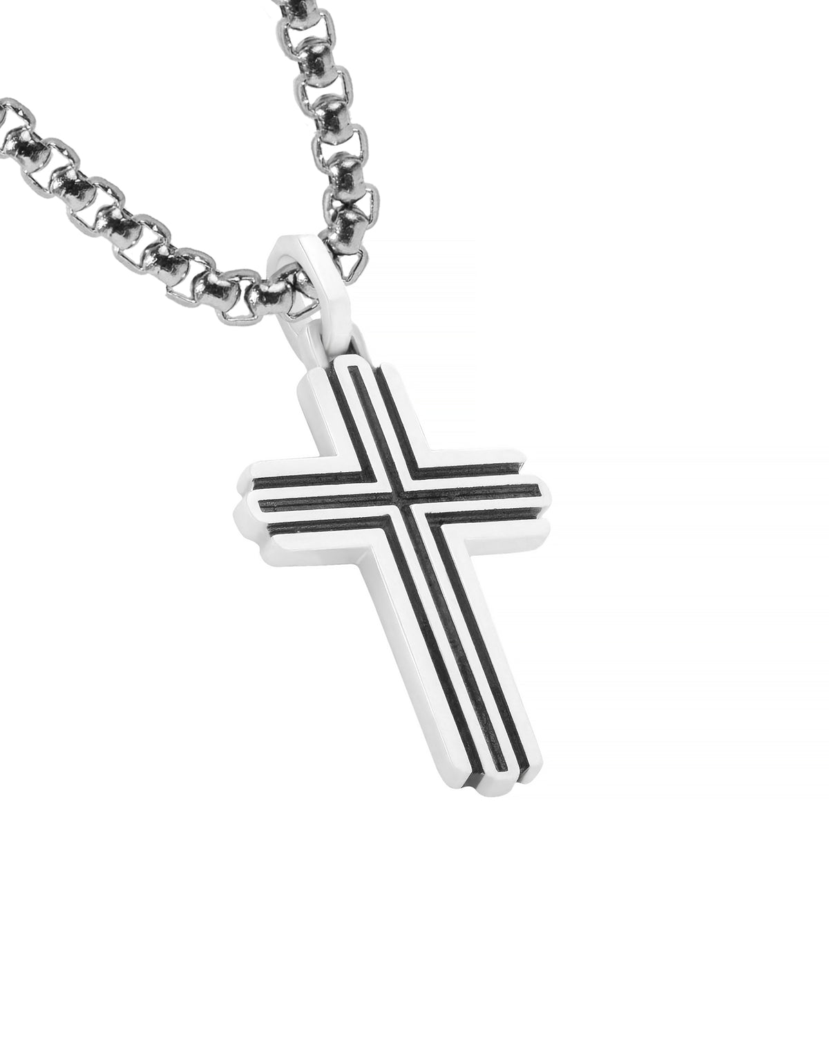 Double Line Grooved Silver Cross Pendant Necklace
