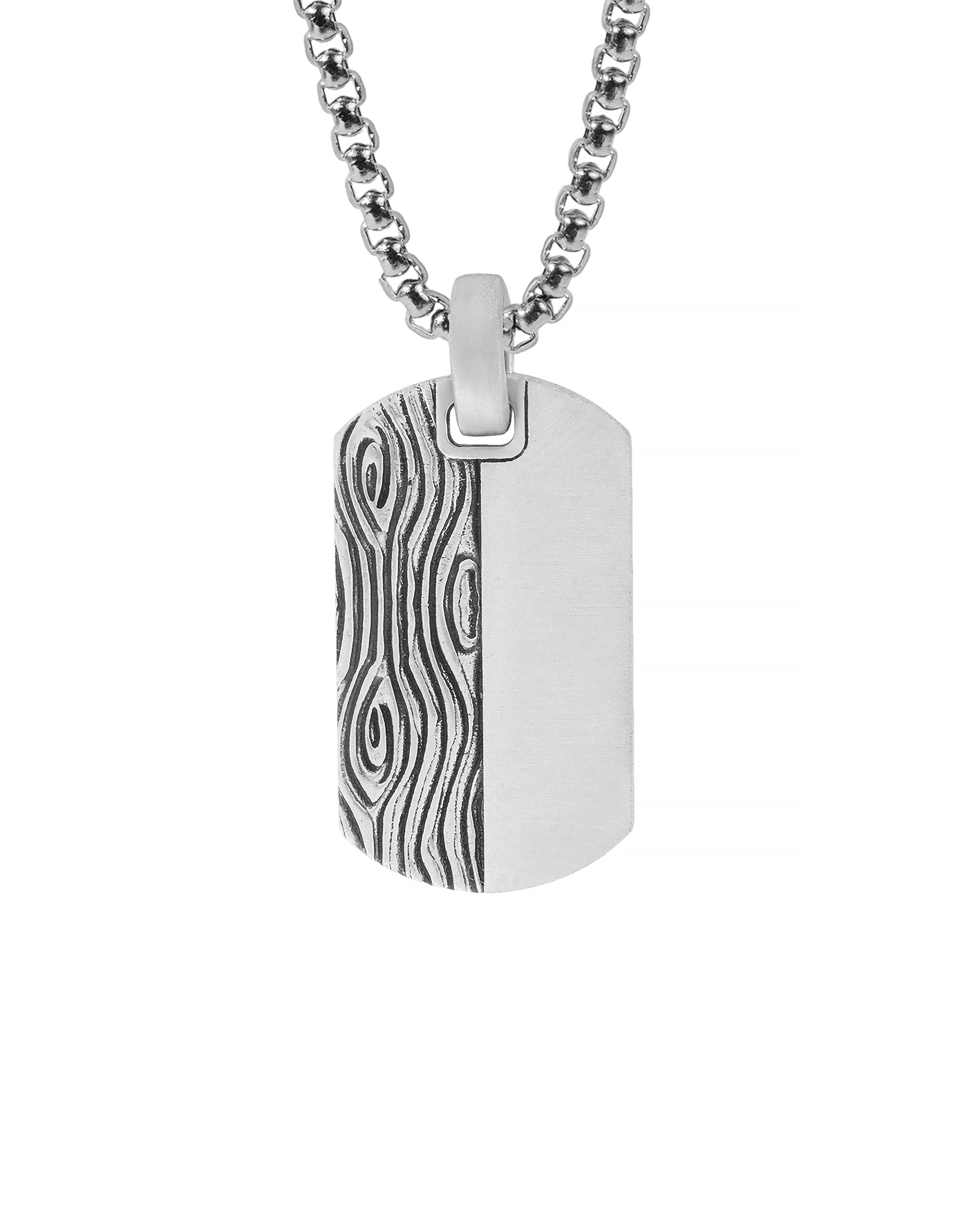silver dog tag pendant necklace with double texture: tree bark and plain.