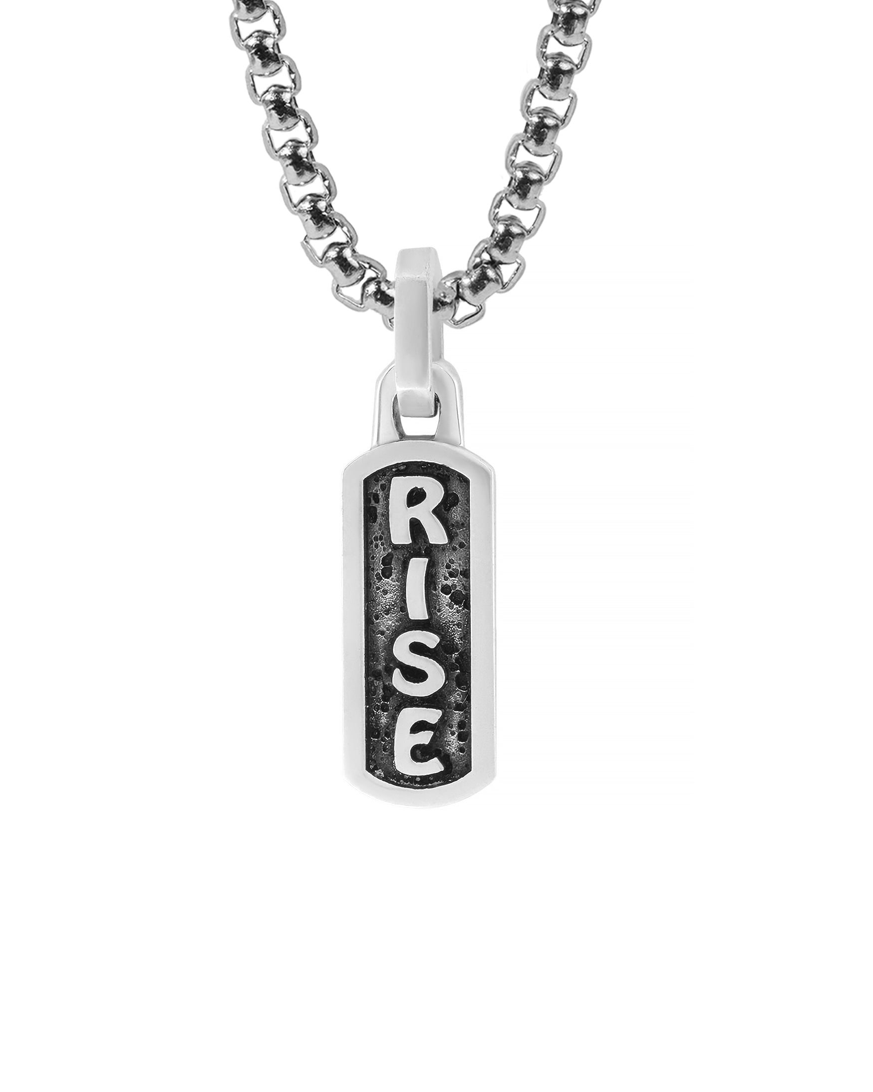 Affirmation Necklace Amulet Engraved Word RISE Silver