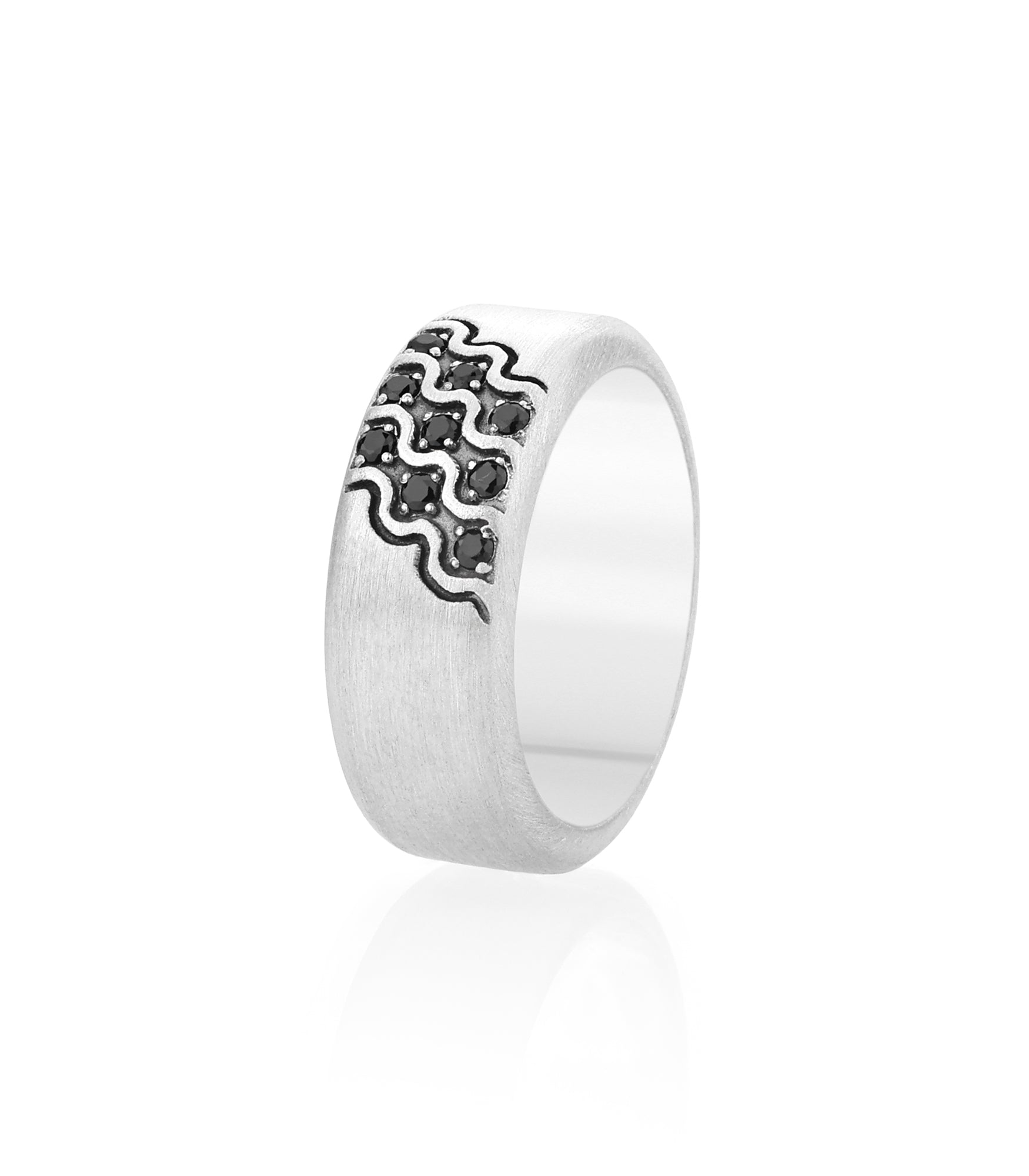 Large Silver Band Ring Black Stones Futuristic Design