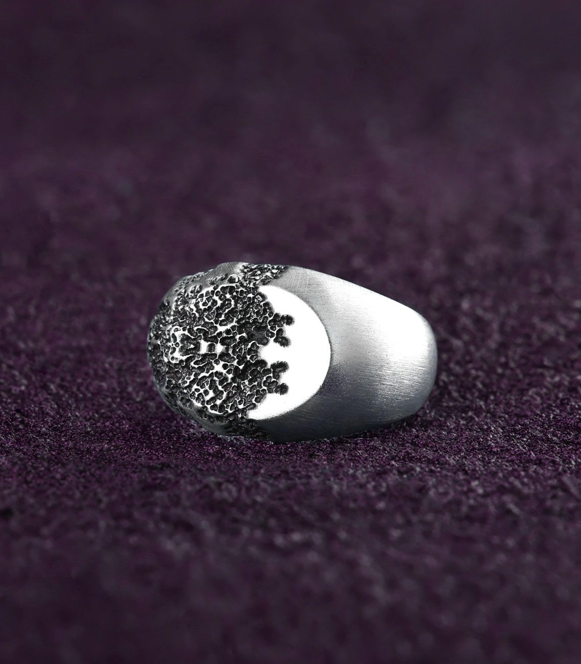Moon Surface Signet Ring Silver Destroyed Raw Design