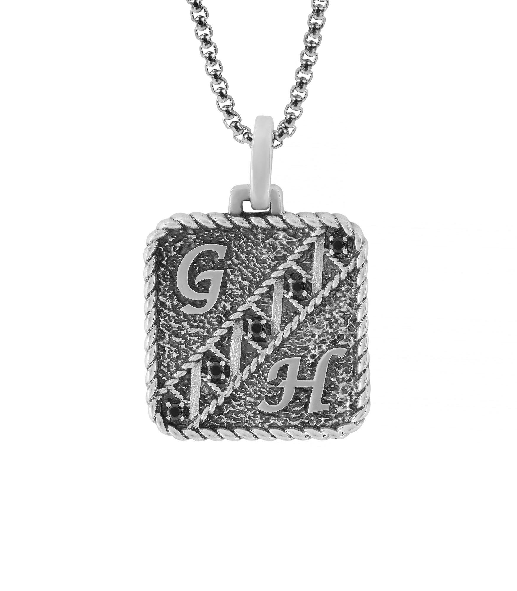 Roped Silver Vintage Tag Necklace Letters and Gemstones