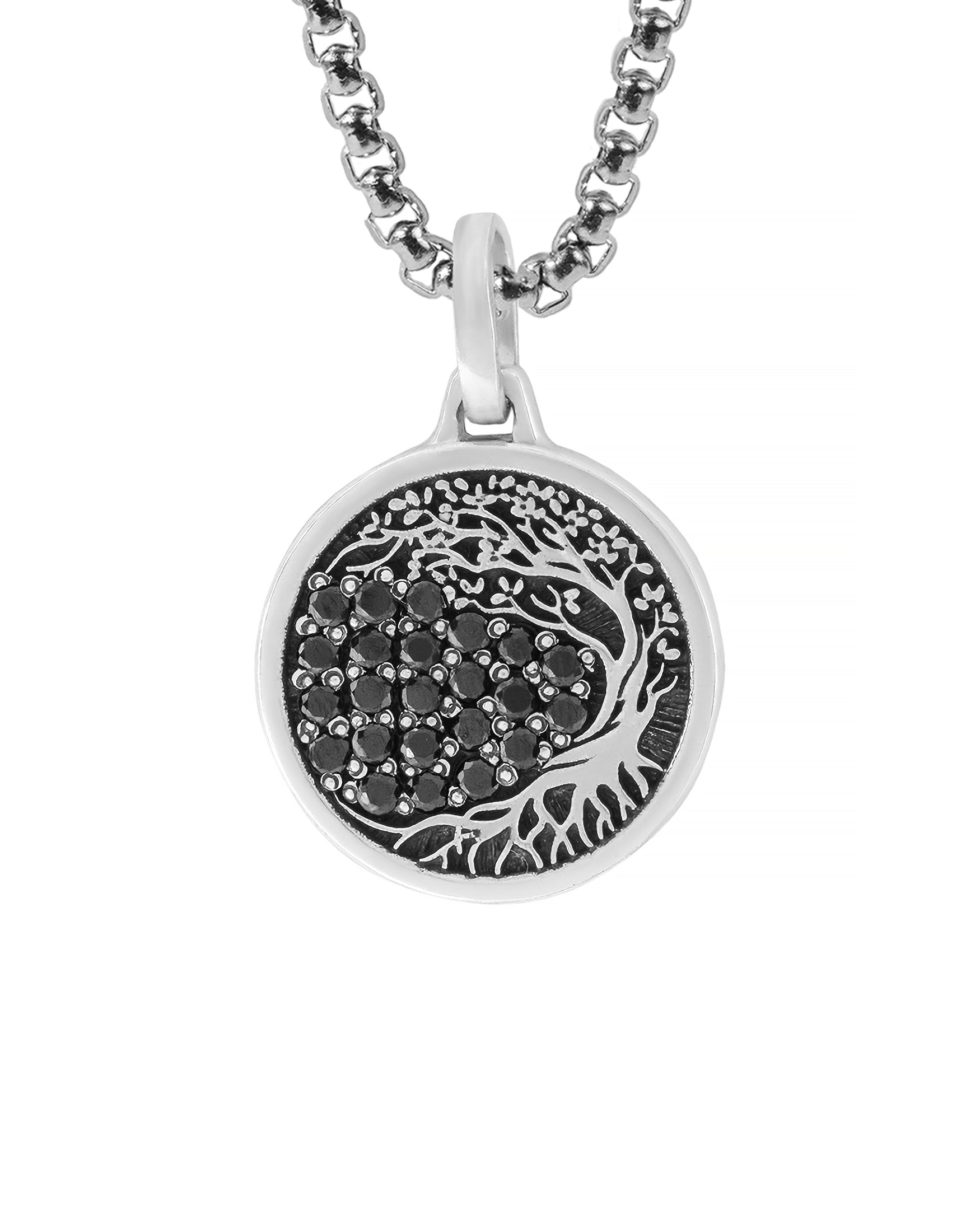 Family Tree Silver Amulet Necklace with Black Diamonds
