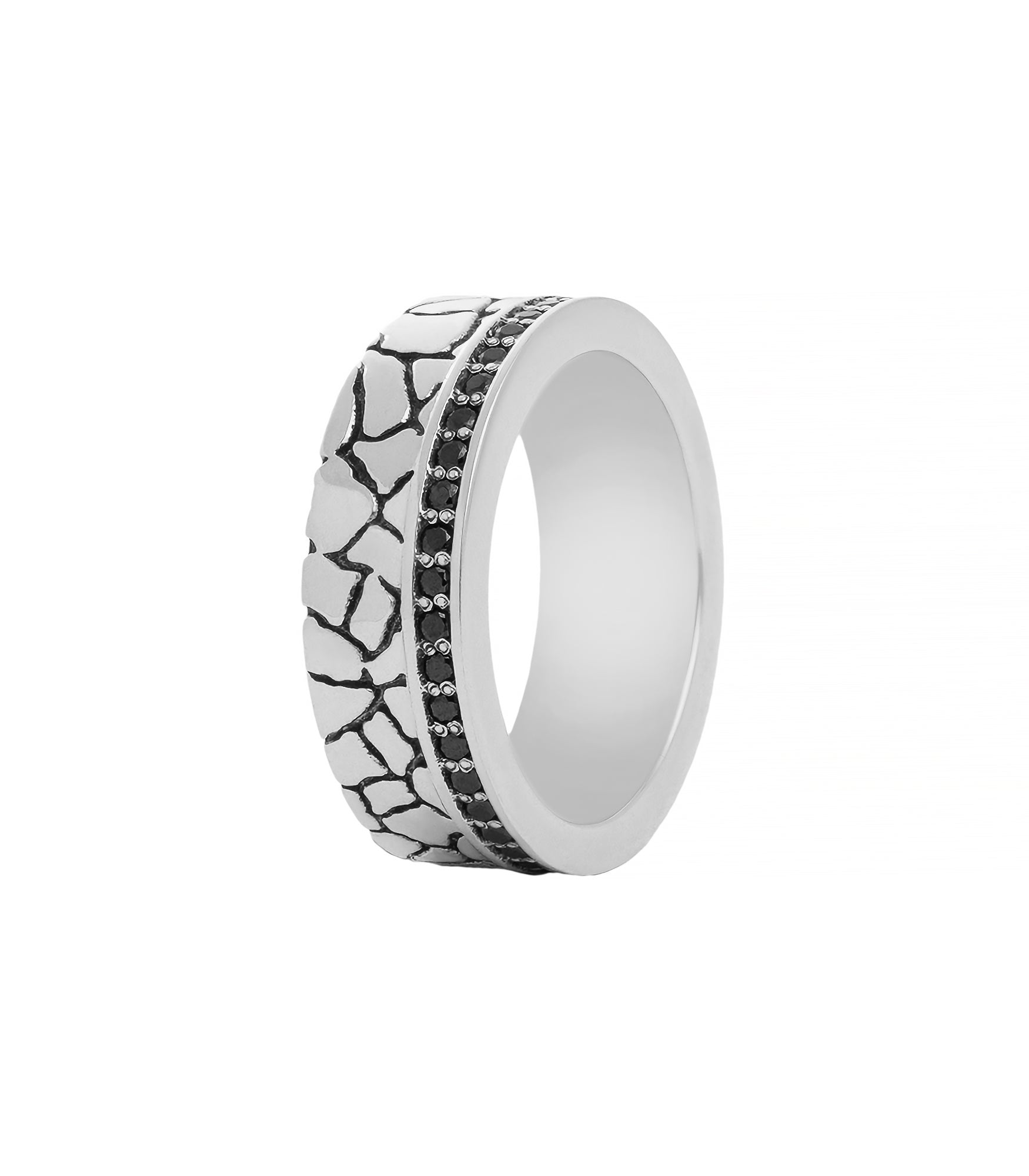 Earthy Wedding Band for Men Solid Silver Black Stones