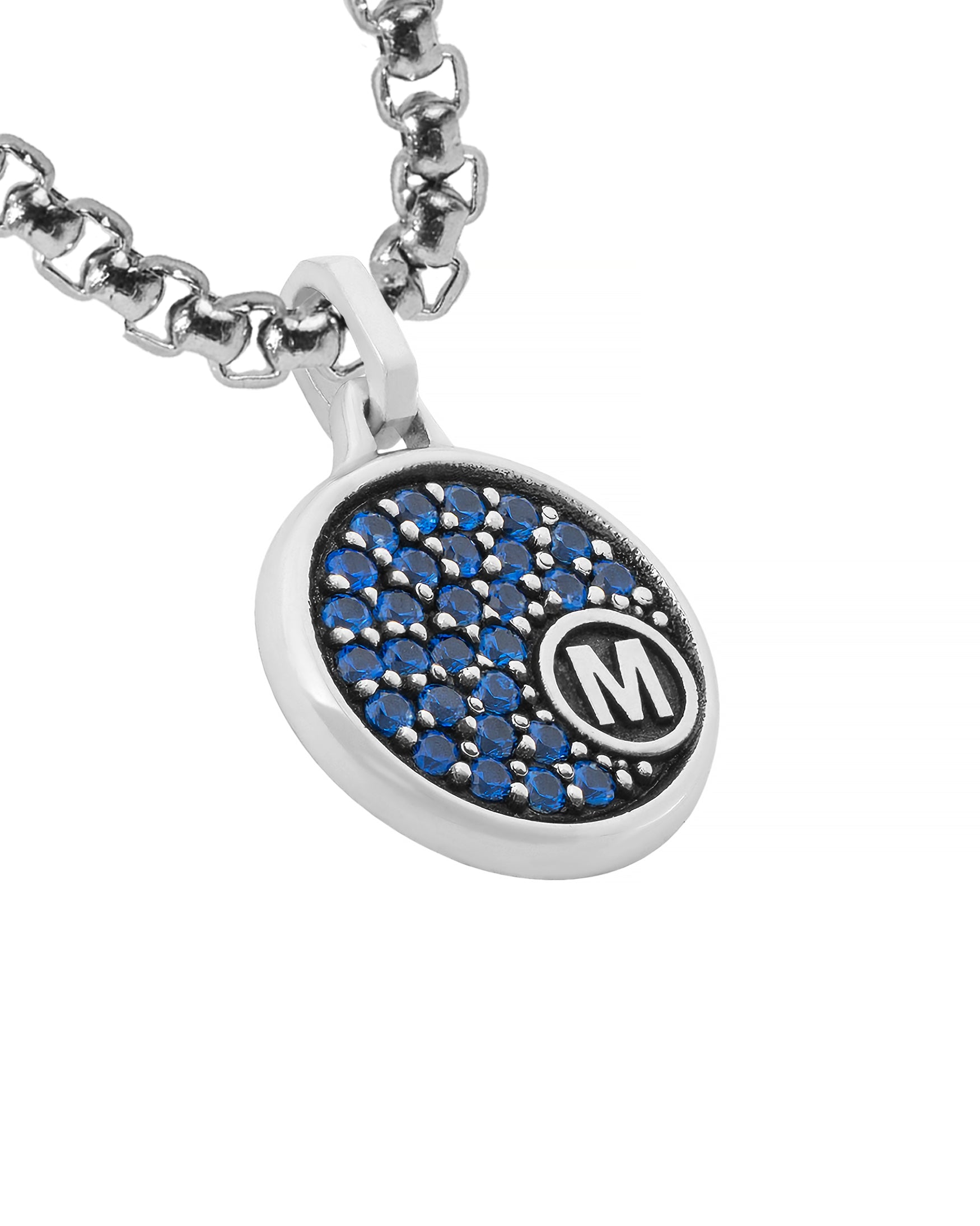 Round Silver Initial Pendant Necklace Blue Sapphire CZ
