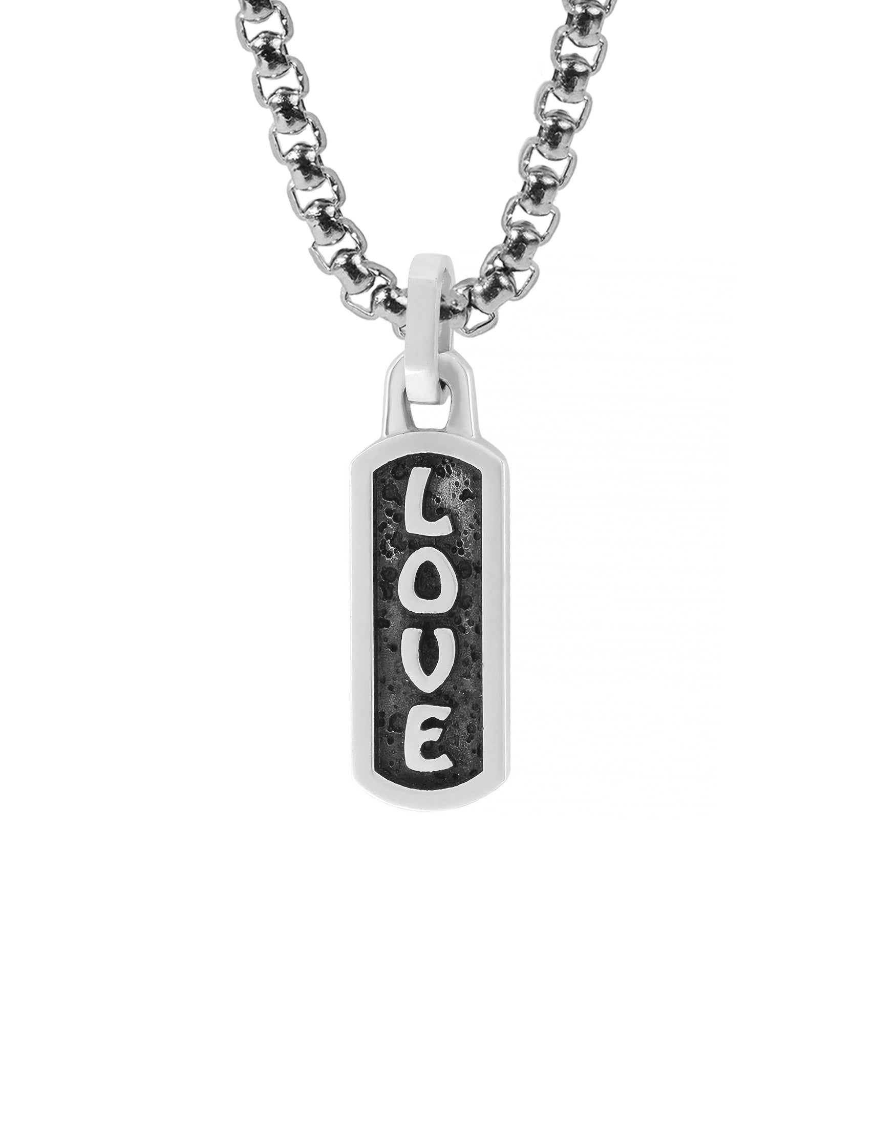 Tiny Silver Amulet Necklace with Engraved Word LOVE