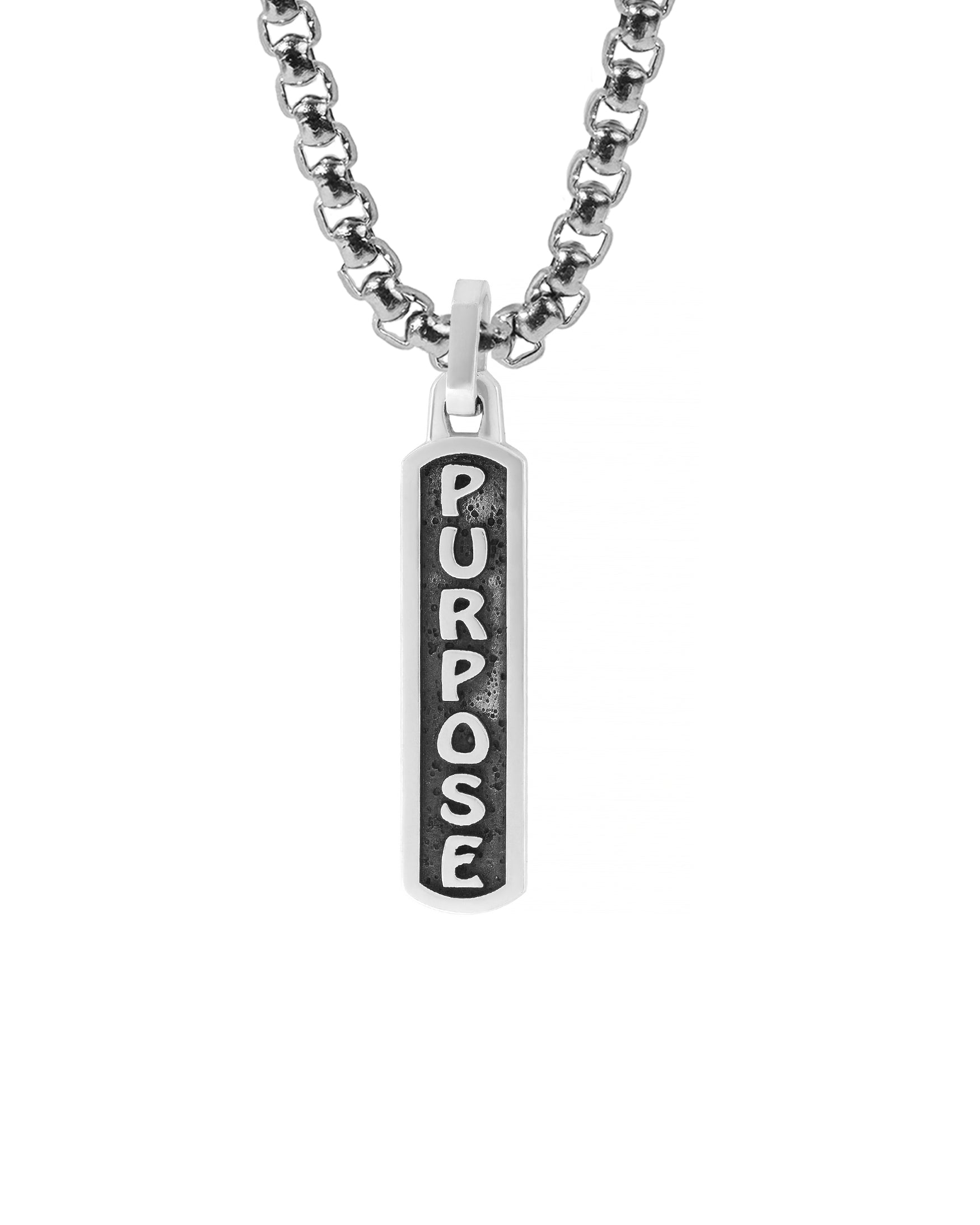Engraved Word PURPOSE Small Amulet Necklace Silver