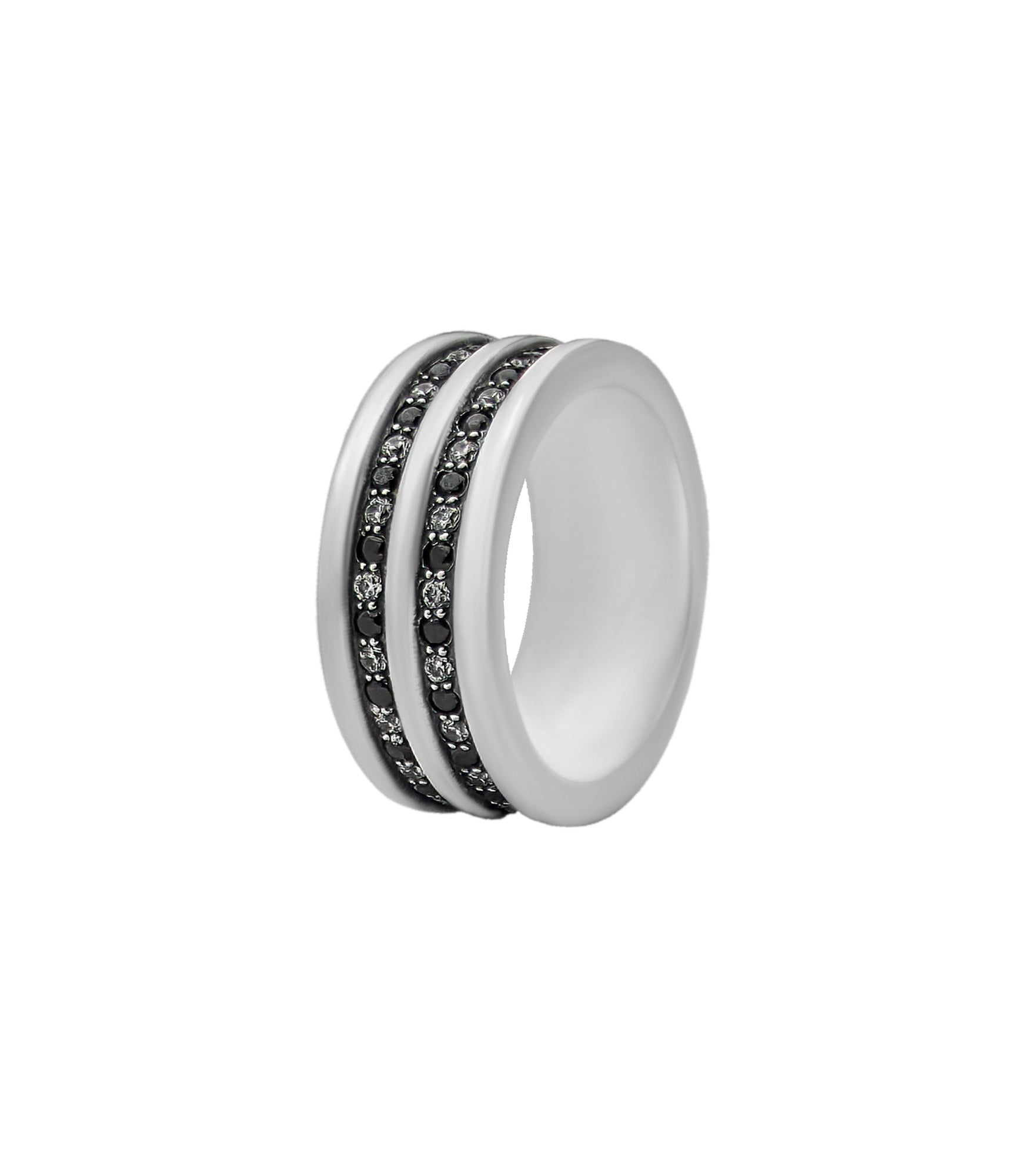 Double-Row Silver Wedding Ring Black and White Stones