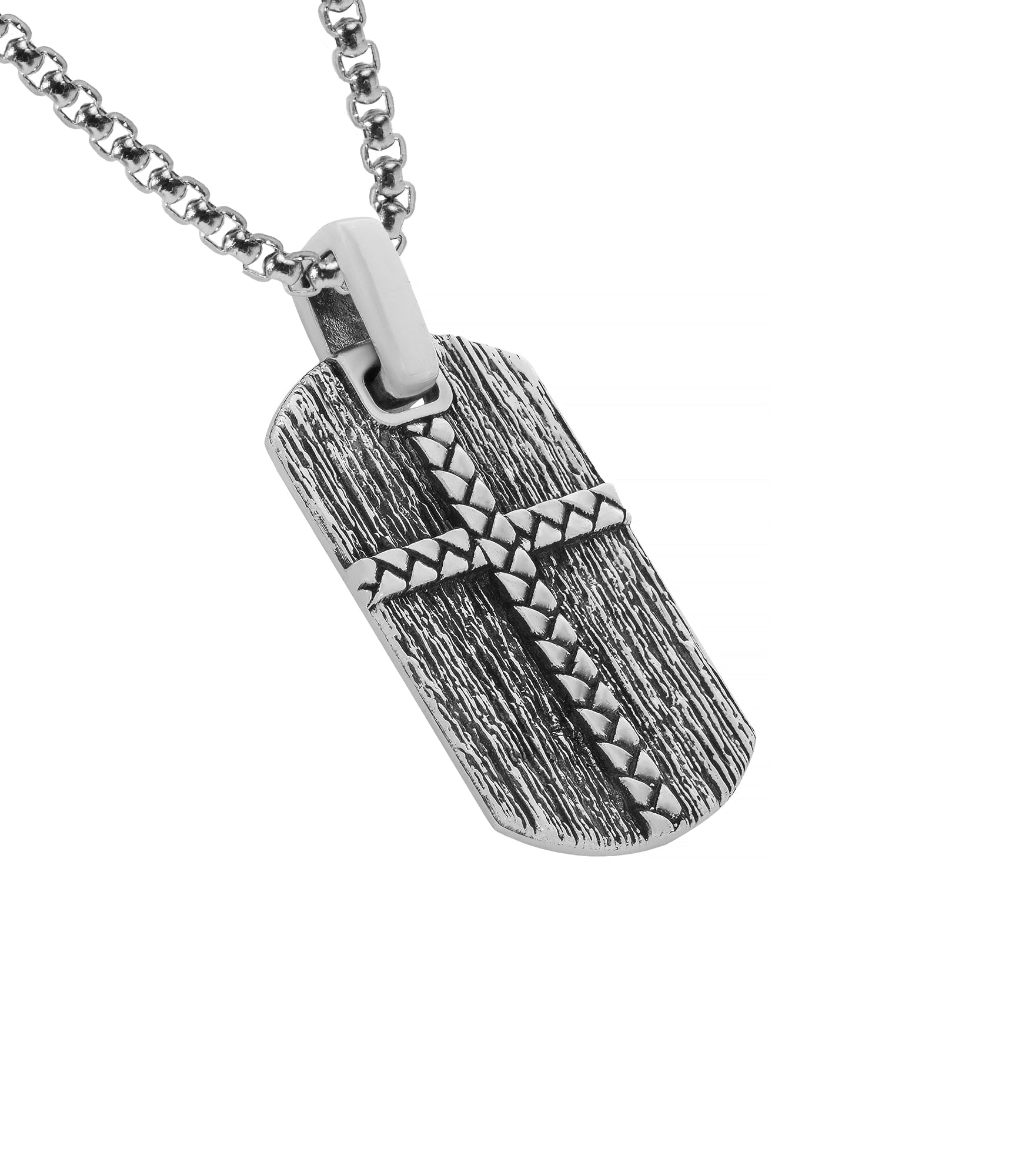 Tree Bark Texture Cross Tag Pendant Necklace Silver