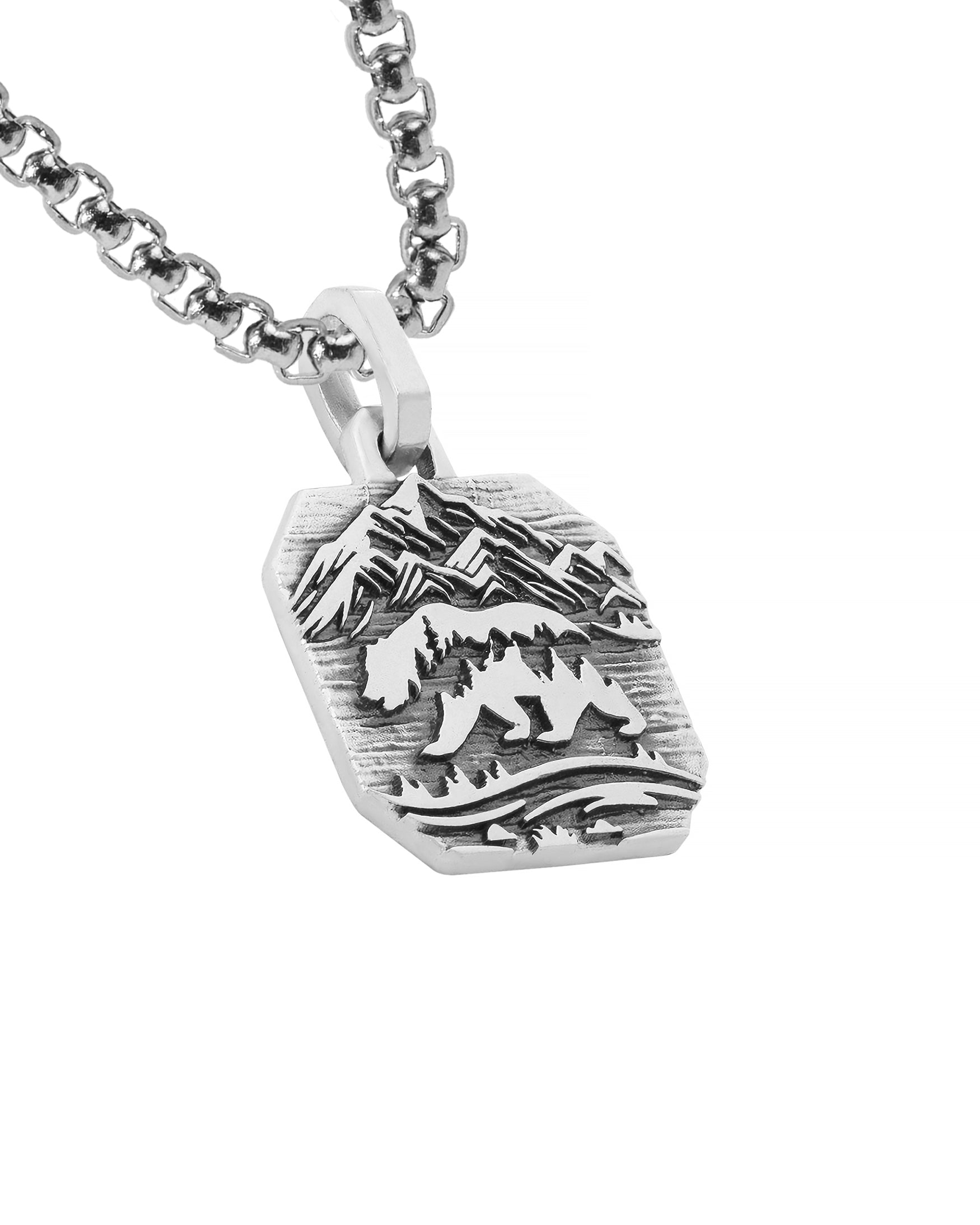 Mountains & Bear Necklace Silver Octagonal Shape
