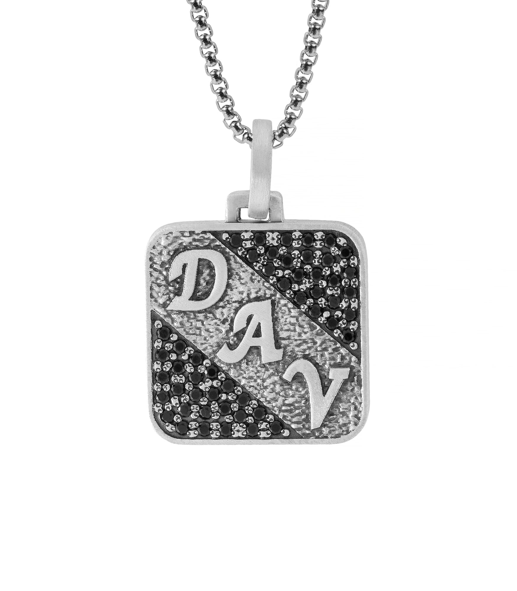 Hammered Silver Initial Tag Necklace with Black Stones