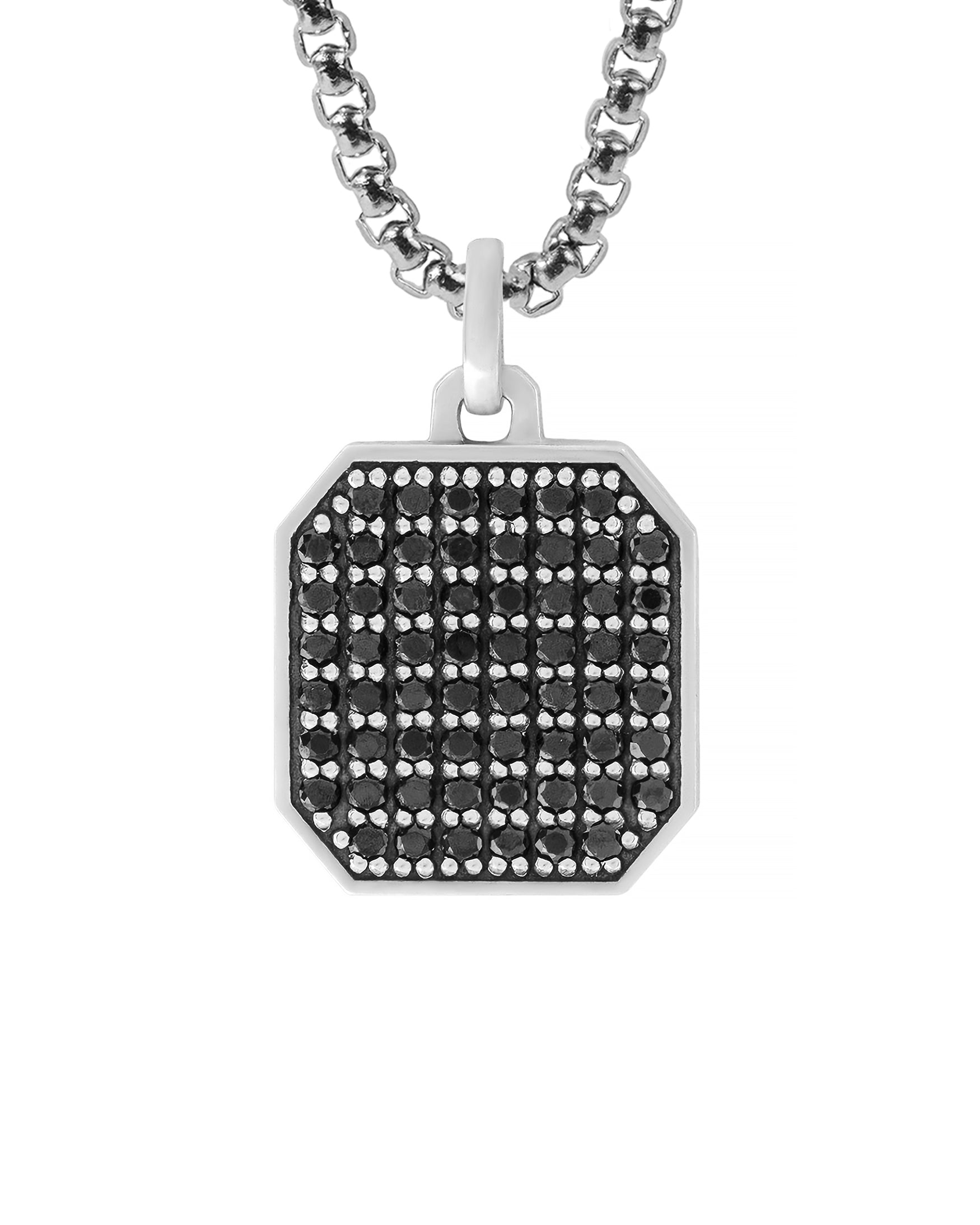 Men's Silver Octagon Cocktail Necklace Black Diamonds CZ