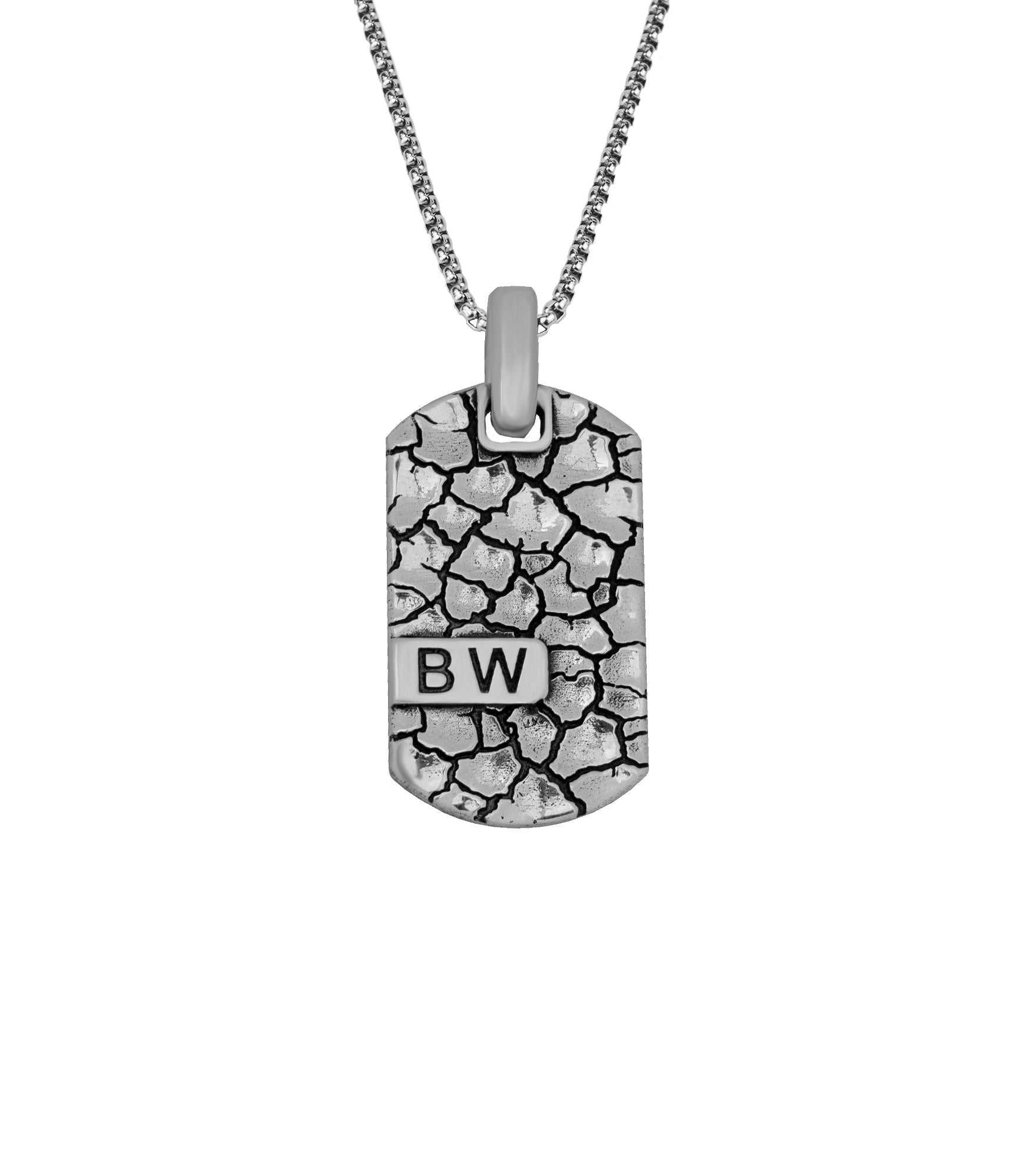 Brutal Tag Pendant with Letters Silver Cracked Relief