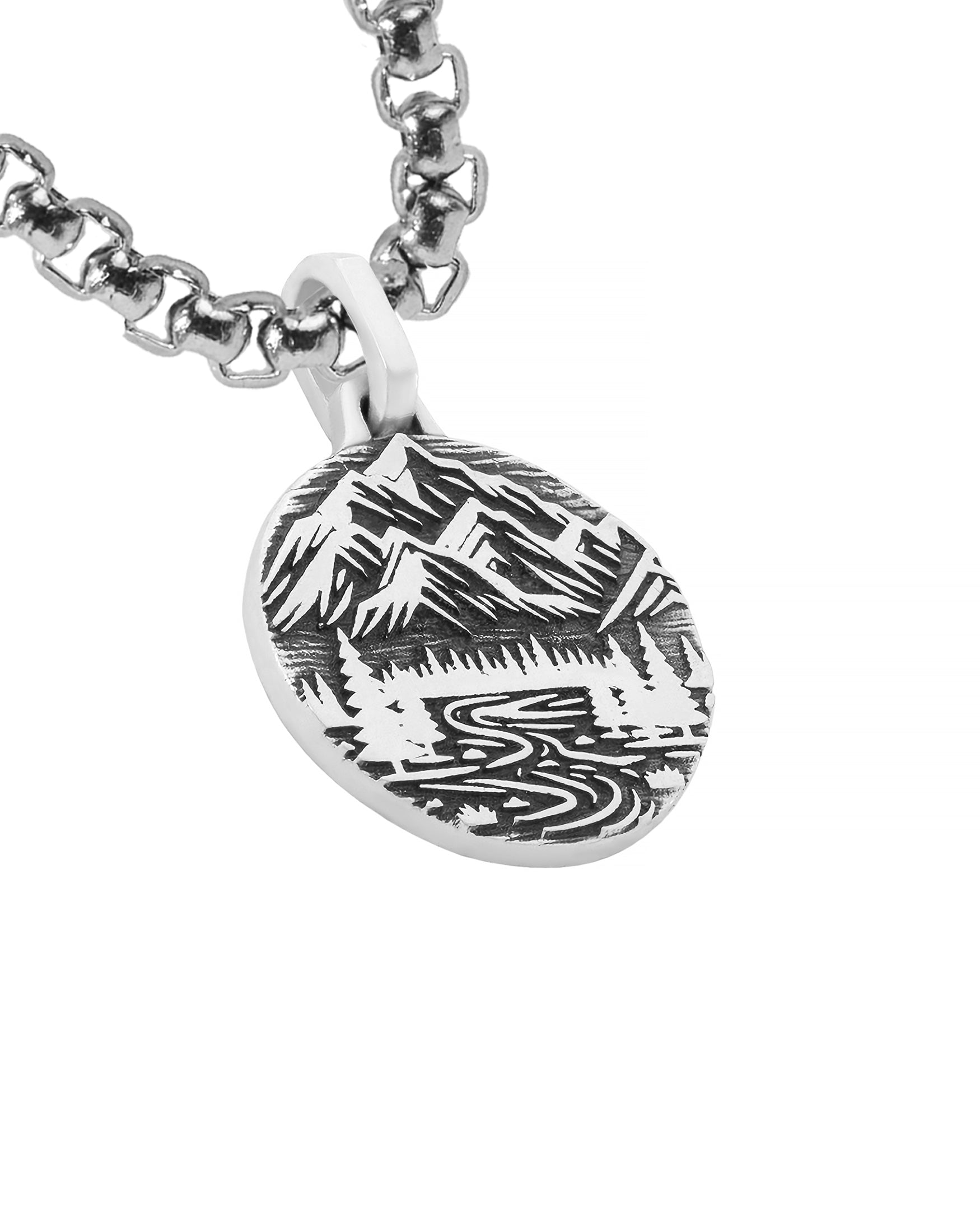 Round Pendant Mountains & Spruce Forest Sterling Silver