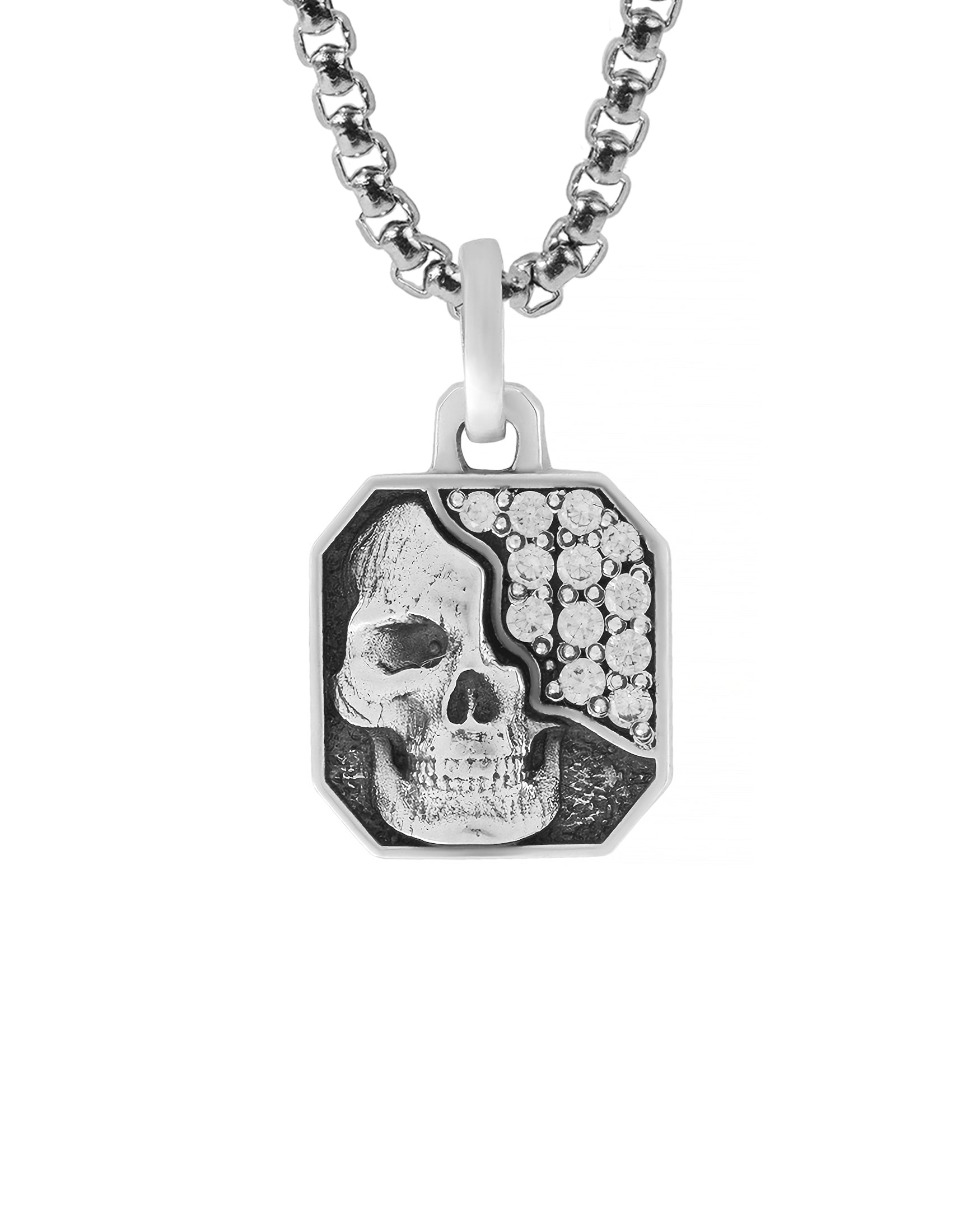 Gothic Octagon Necklace Skull & Diamonds CZ Silver