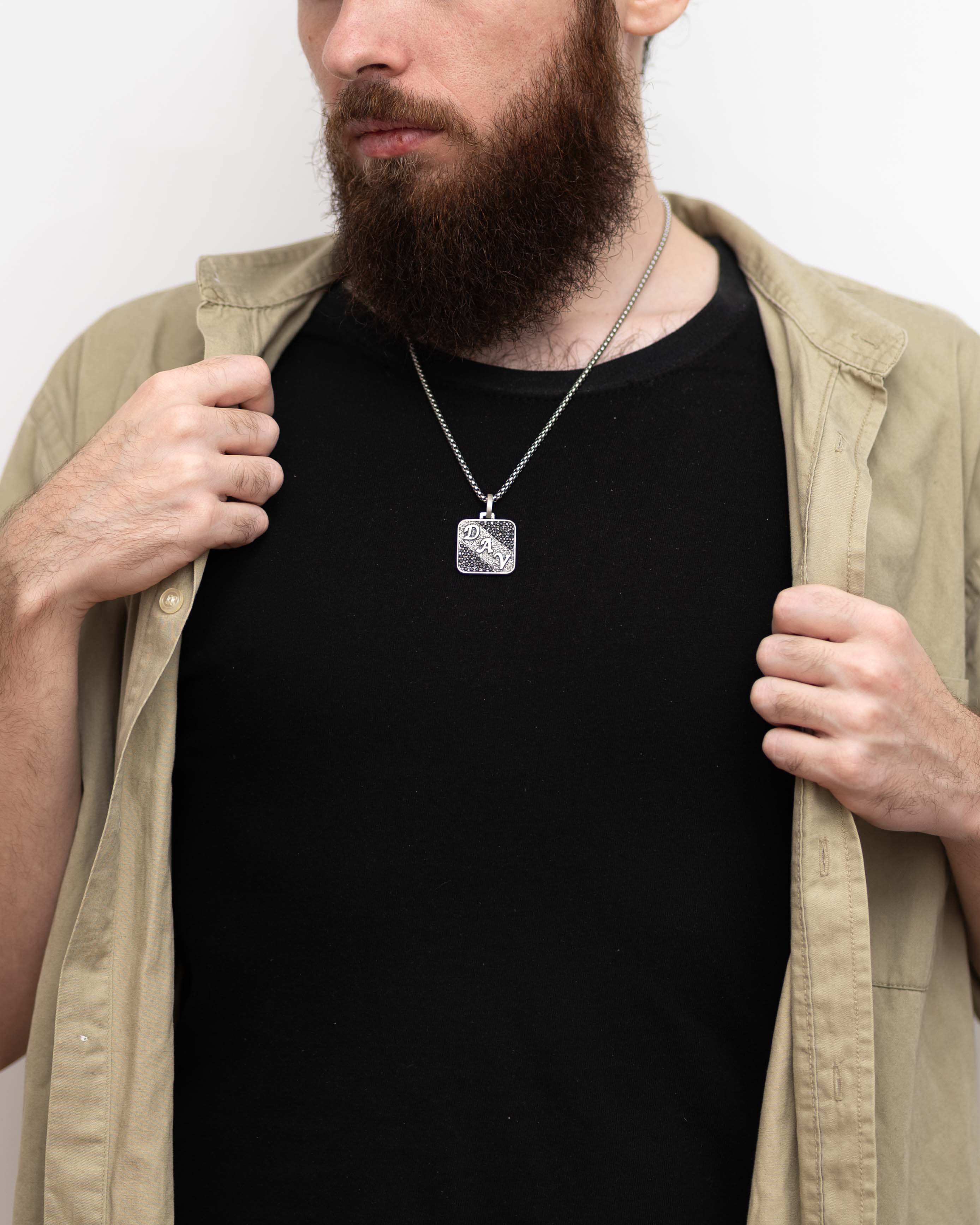 Mens Initial Necklace Vintage Hammered Silver Black Gems