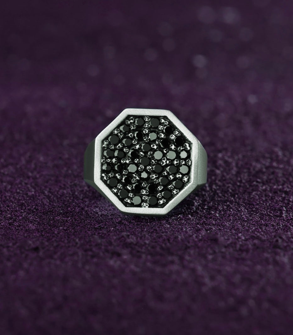 Large Signet with Black Stones High End Mens Ring