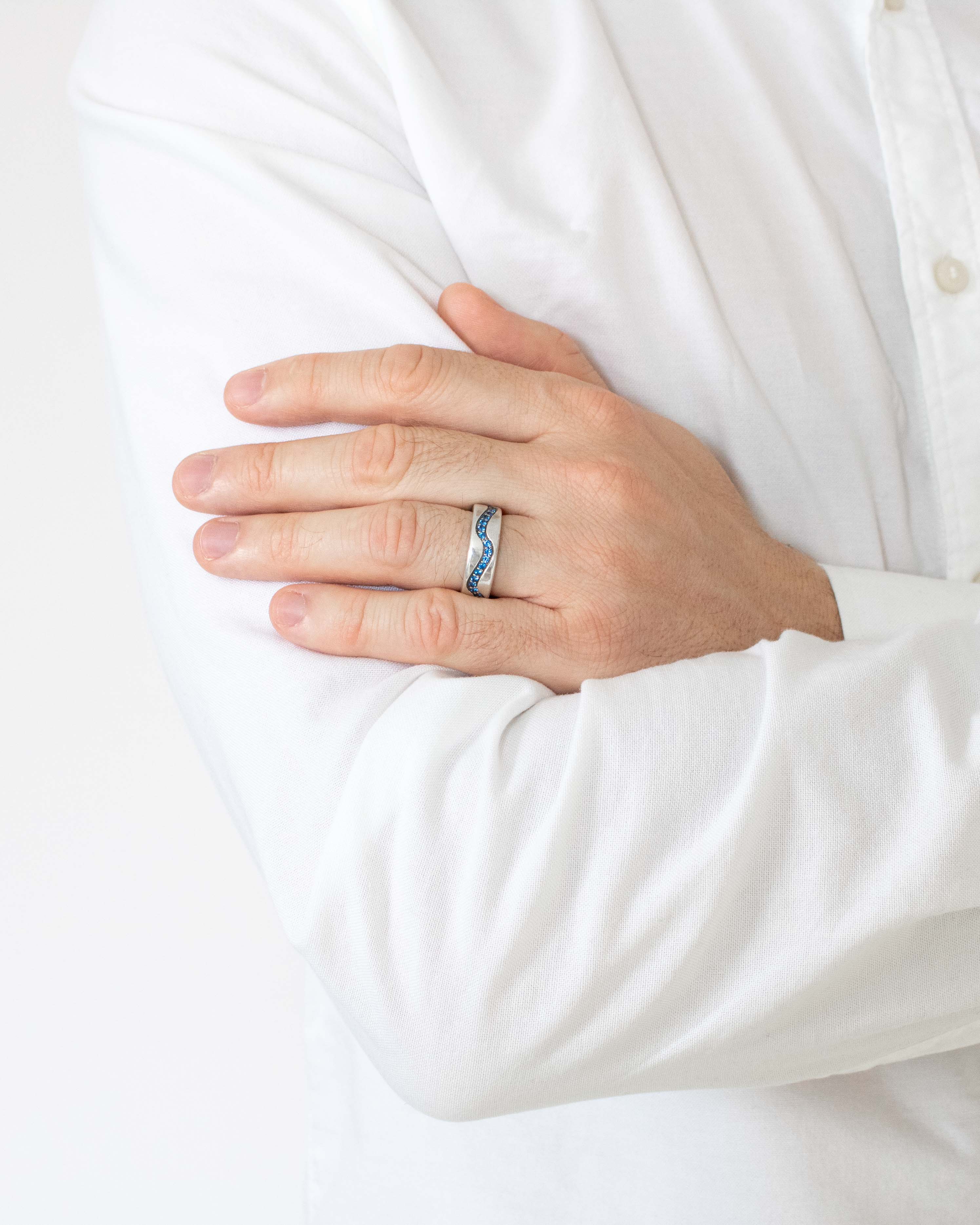 Wave Wedding Ring with Blue Stones Sterling Silver