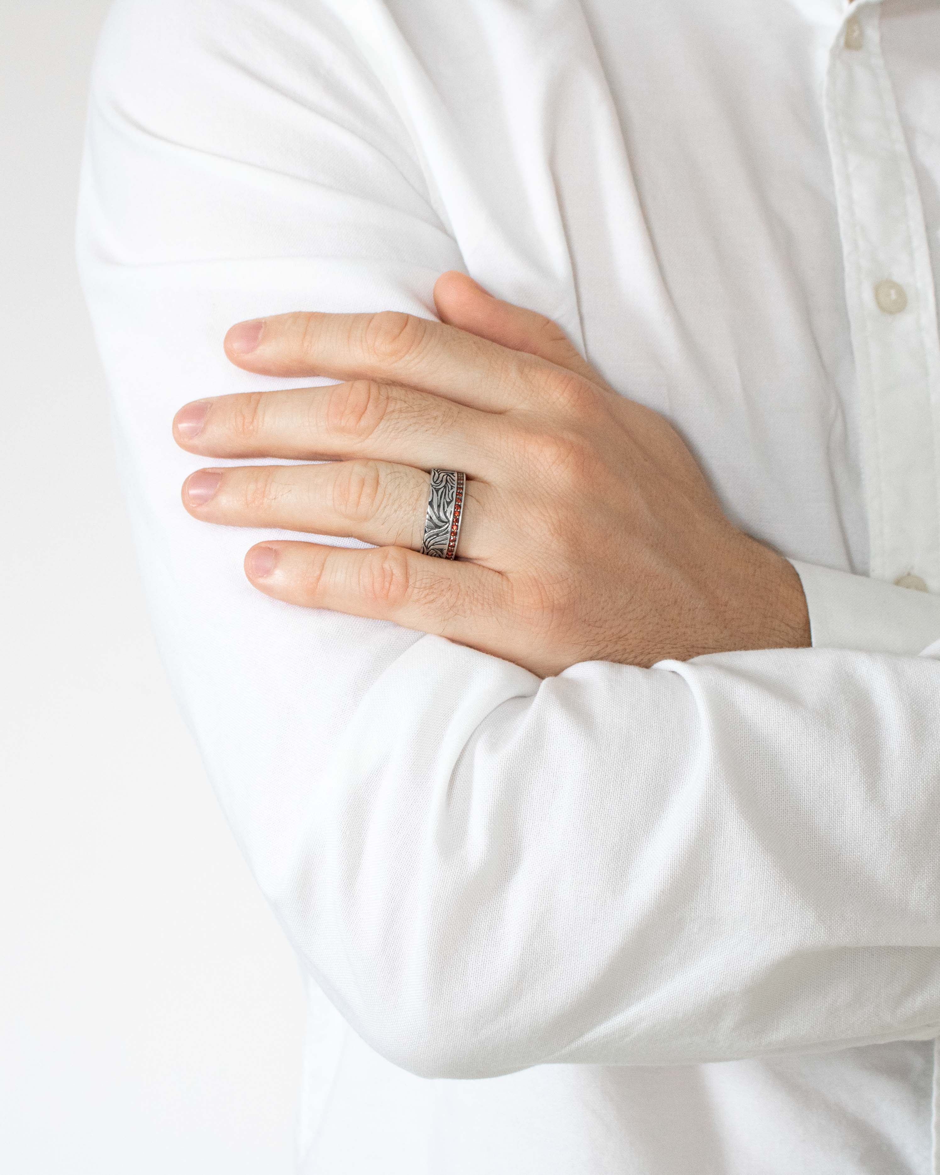 Wide Vintage Silver Vine Wedding Band with Garnets CZ