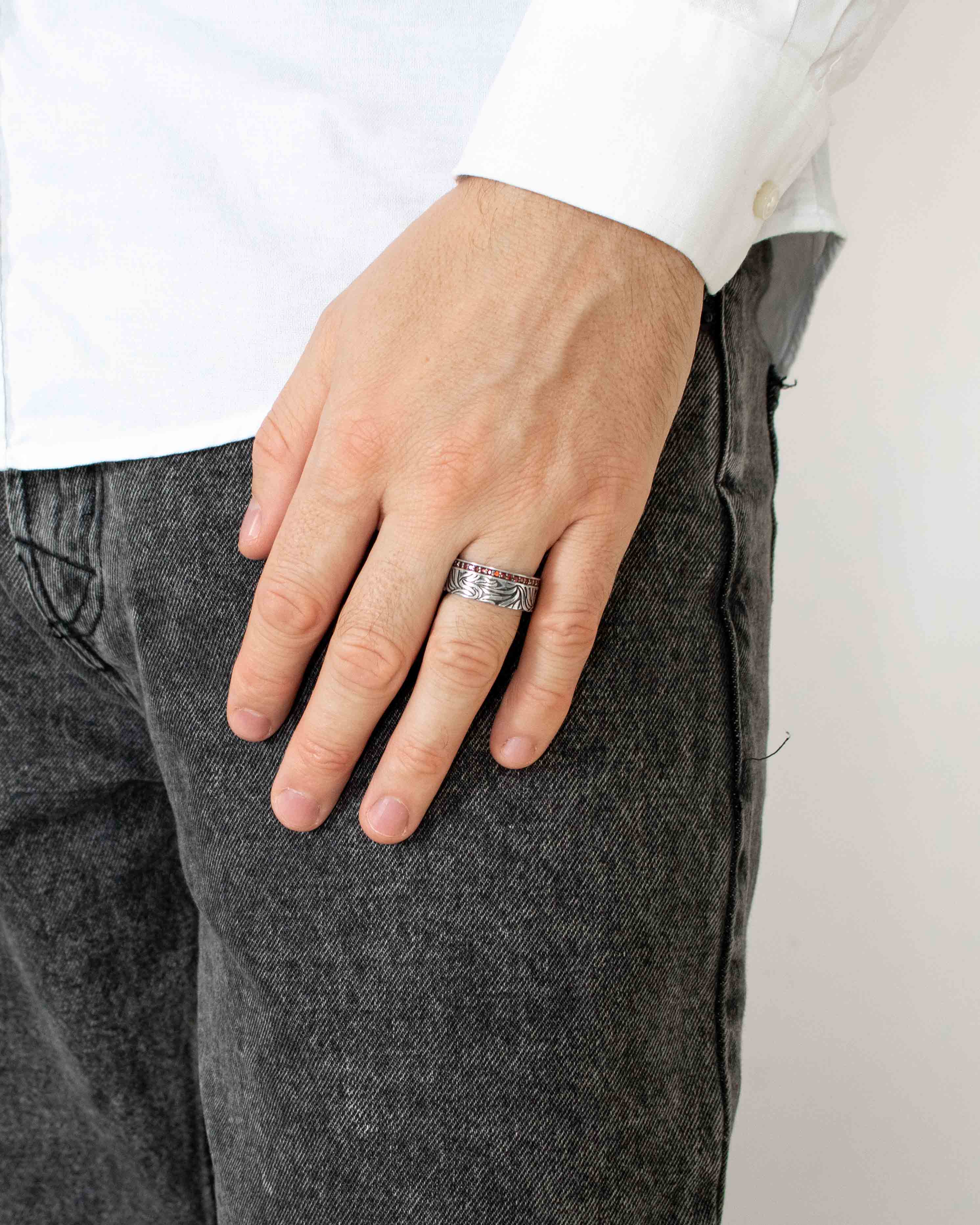 Wide Vintage Silver Vine Wedding Band with Garnets CZ