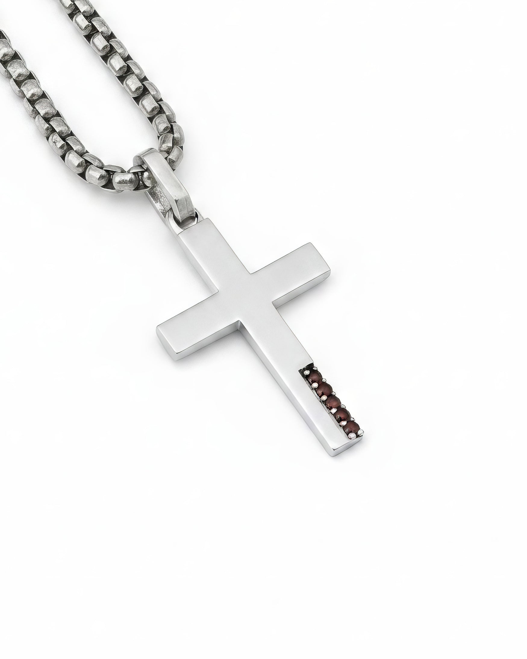 Cross Necklace with Garnets Sterling Silver Plain Design