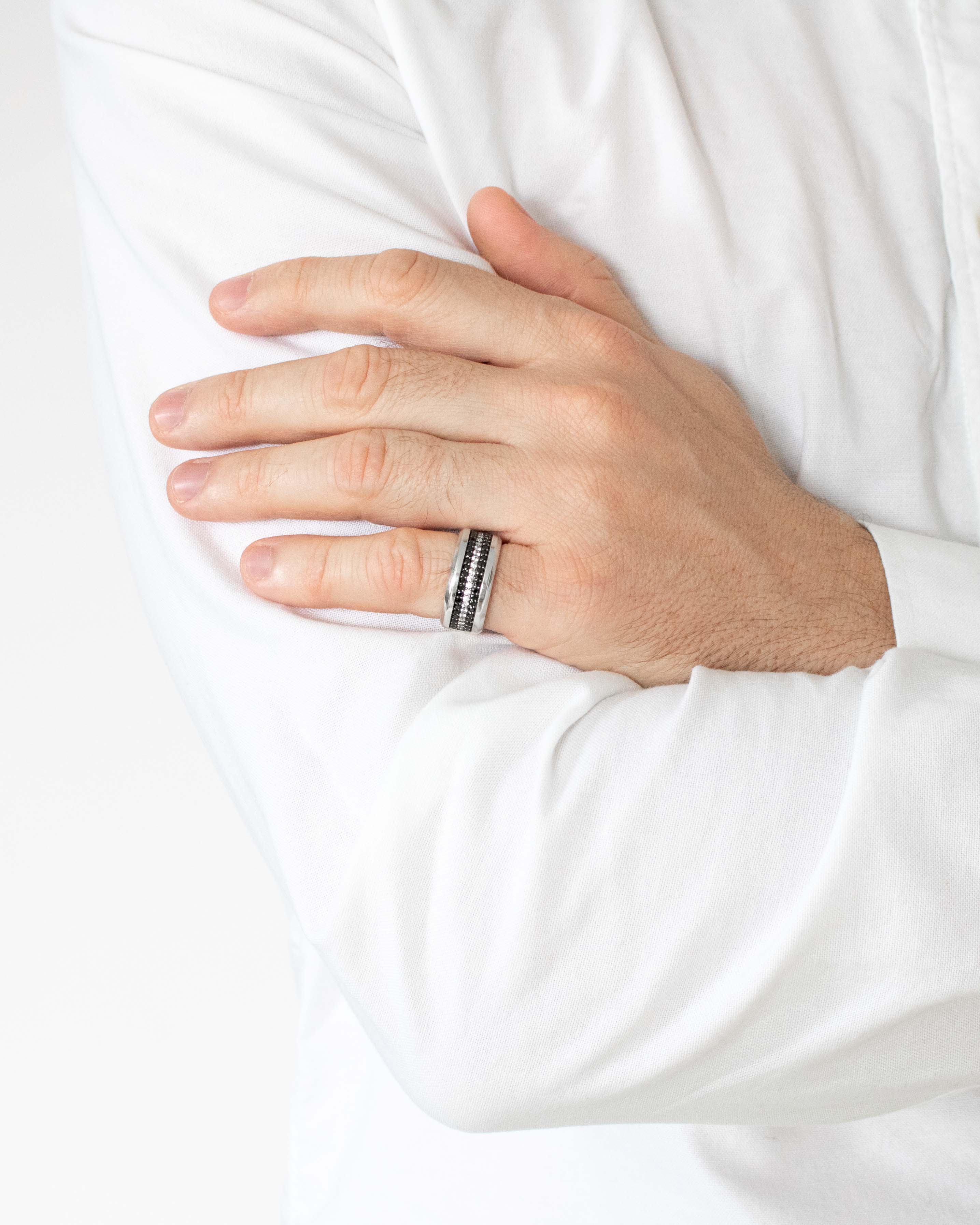 Wide Silver Wedding Band Black and White Stones