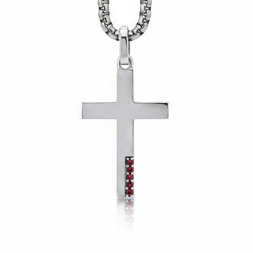 Cross Necklace with Garnets Sterling Silver Plain Design
