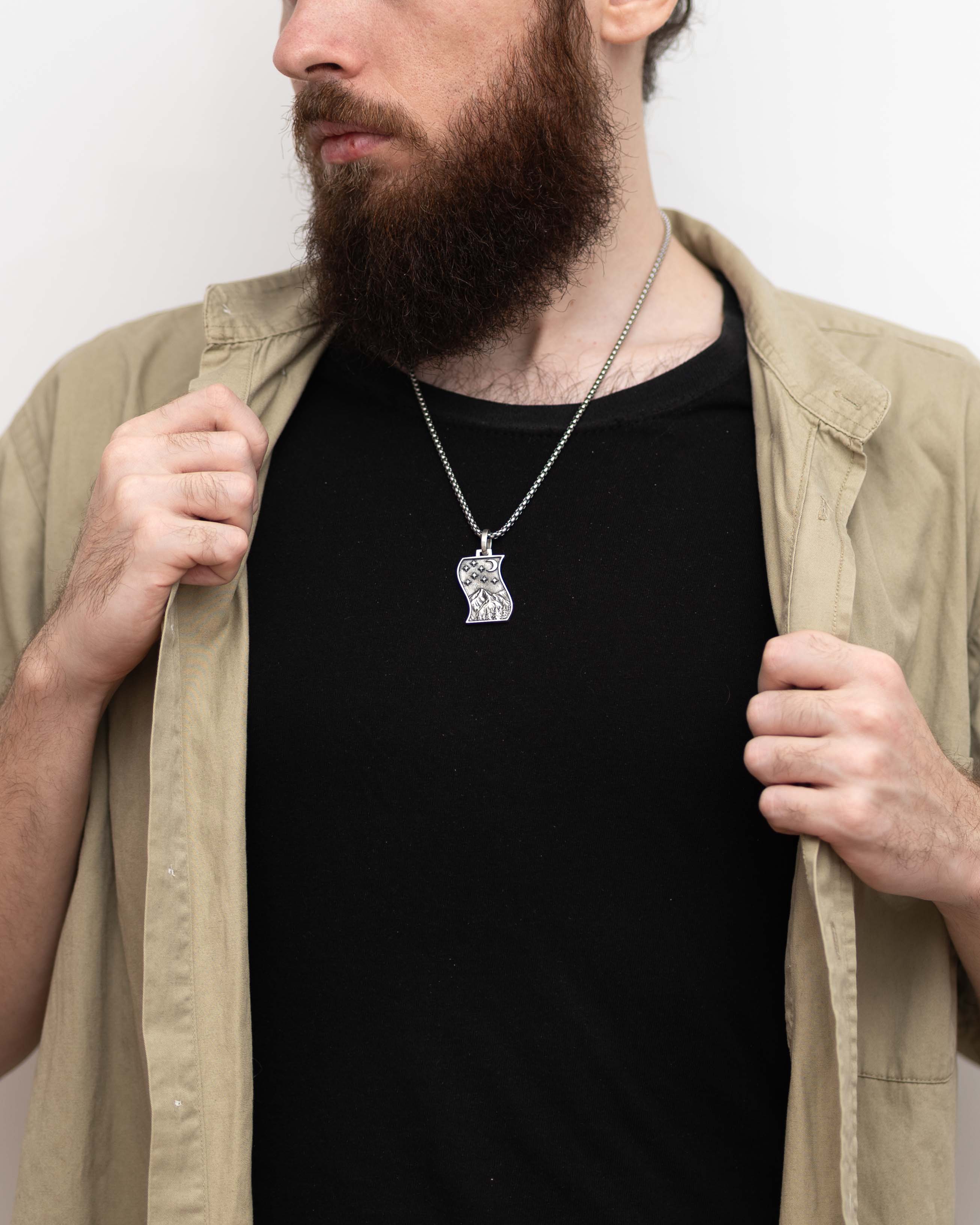 Men's Silver Mountain Necklace Crescent Moon and Stars