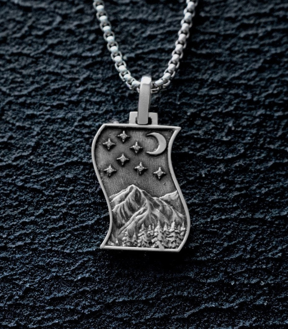 Men's Silver Mountain Necklace Crescent Moon and Stars