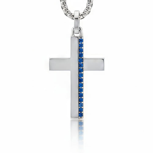 Blue Sapphire Cross Necklace Silver Minimalist Style