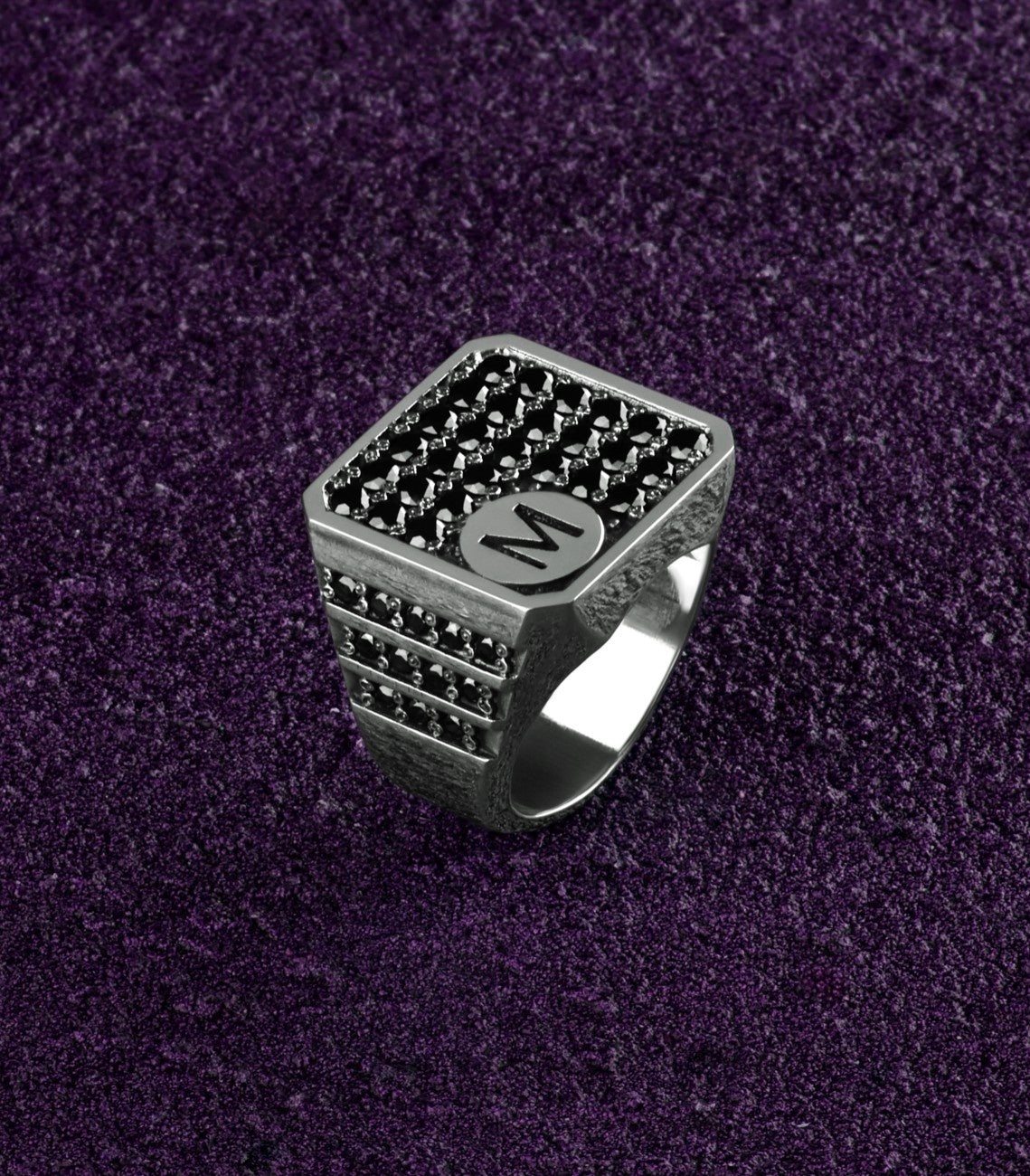 Mens Signet Ring Black Stones Custom Name Letter Gift