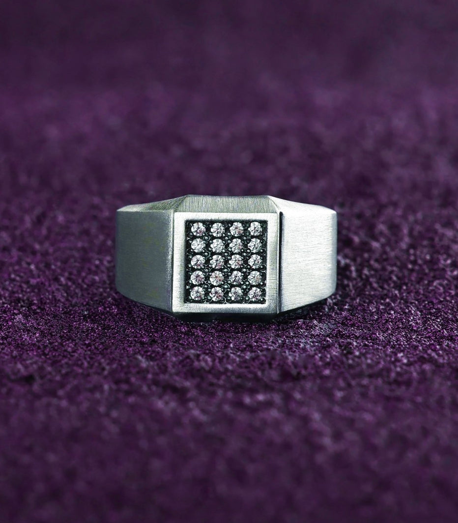 Minimalist Silver Signet Ring Square with White Stones