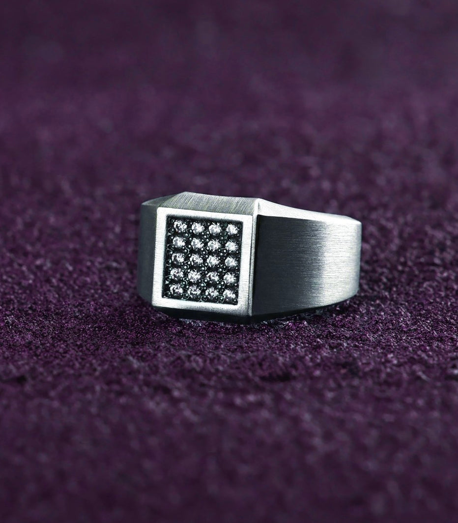 Minimalist Silver Signet Ring Square with White Stones