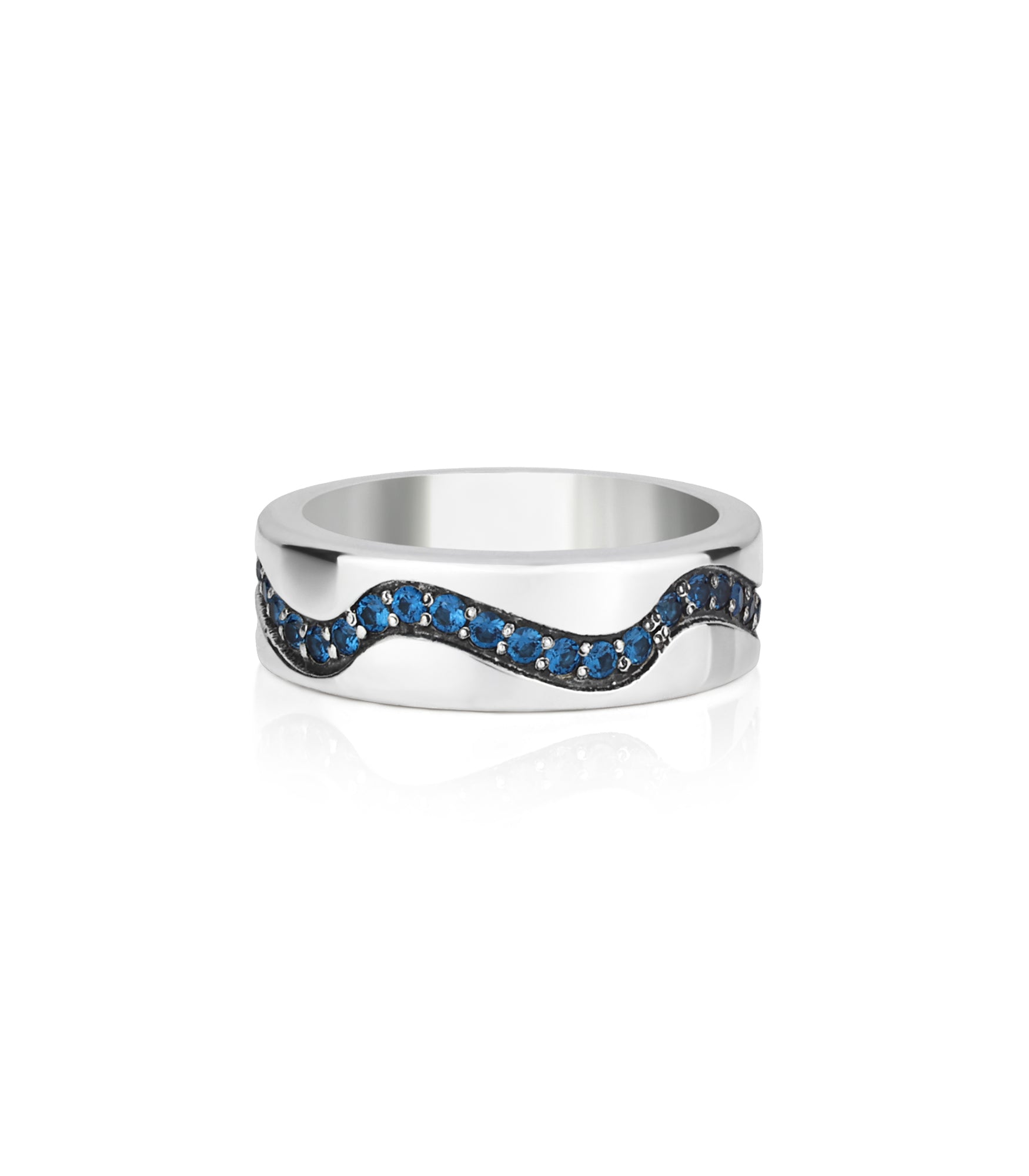 Wave Wedding Ring with Blue Stones Sterling Silver