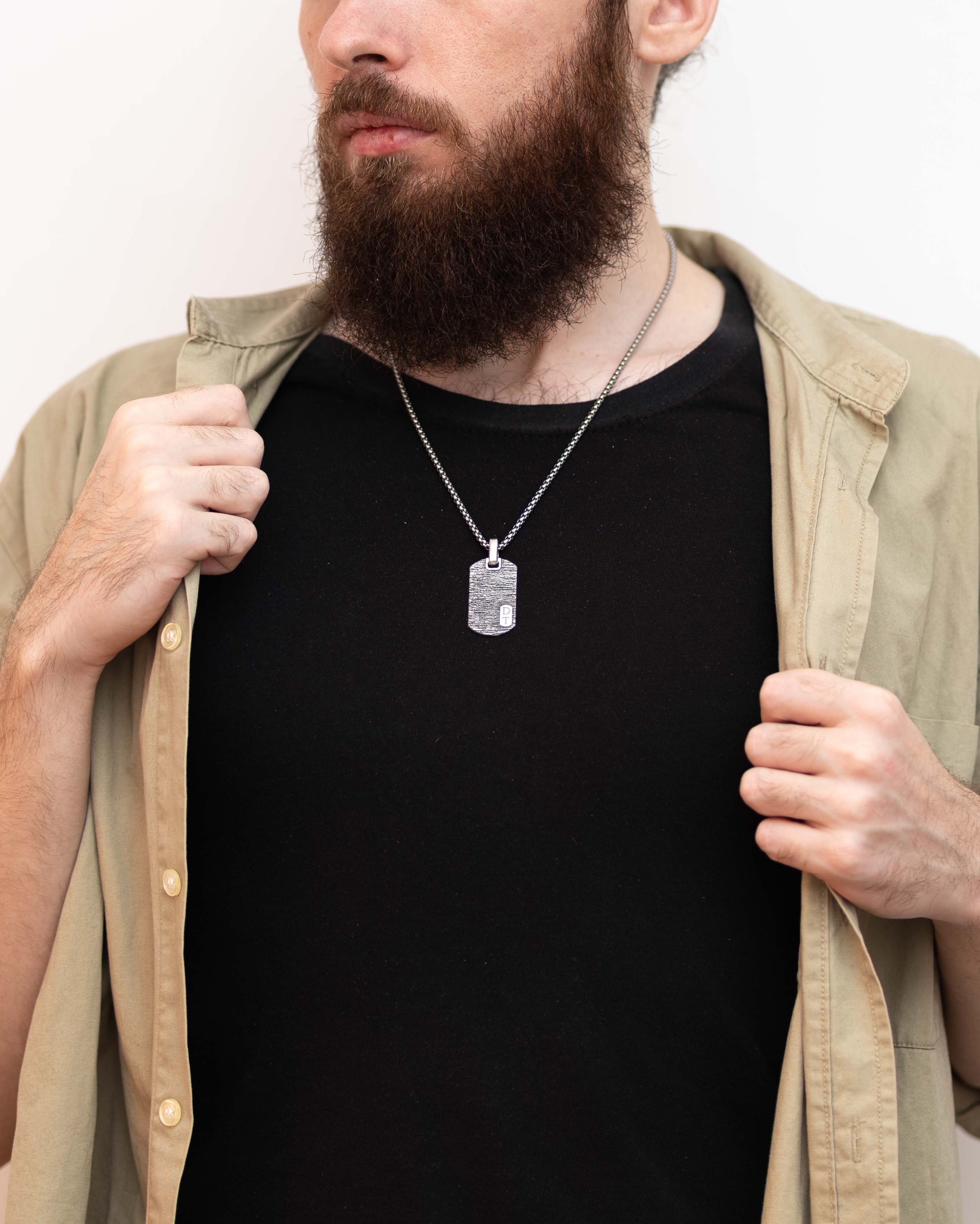 Personalized Silver Dog Tag Pendant Tree Bark Texture